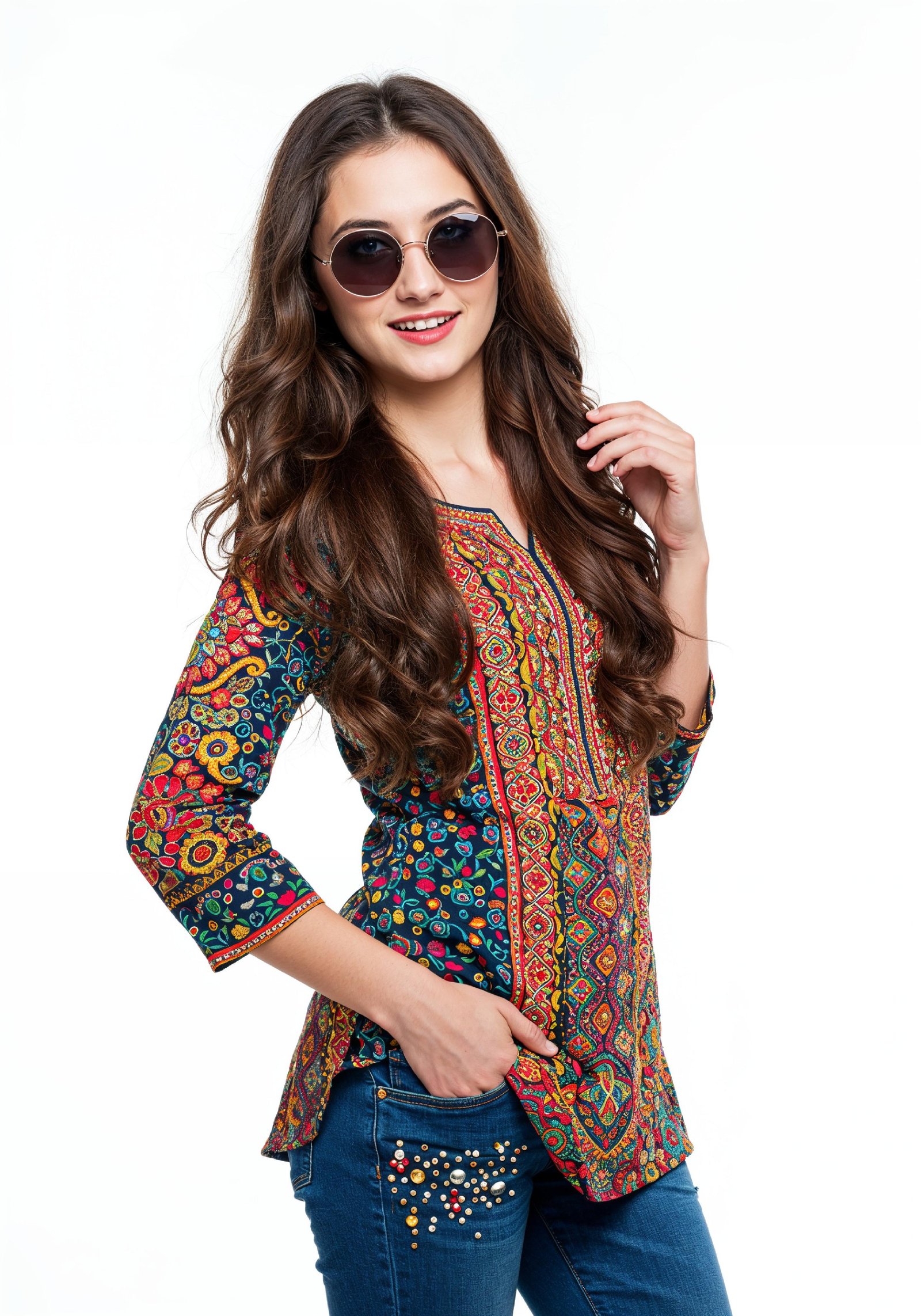 Fashionable Young Woman in Colorful Printed Kurti and Jeans Ethnic Style Portrait