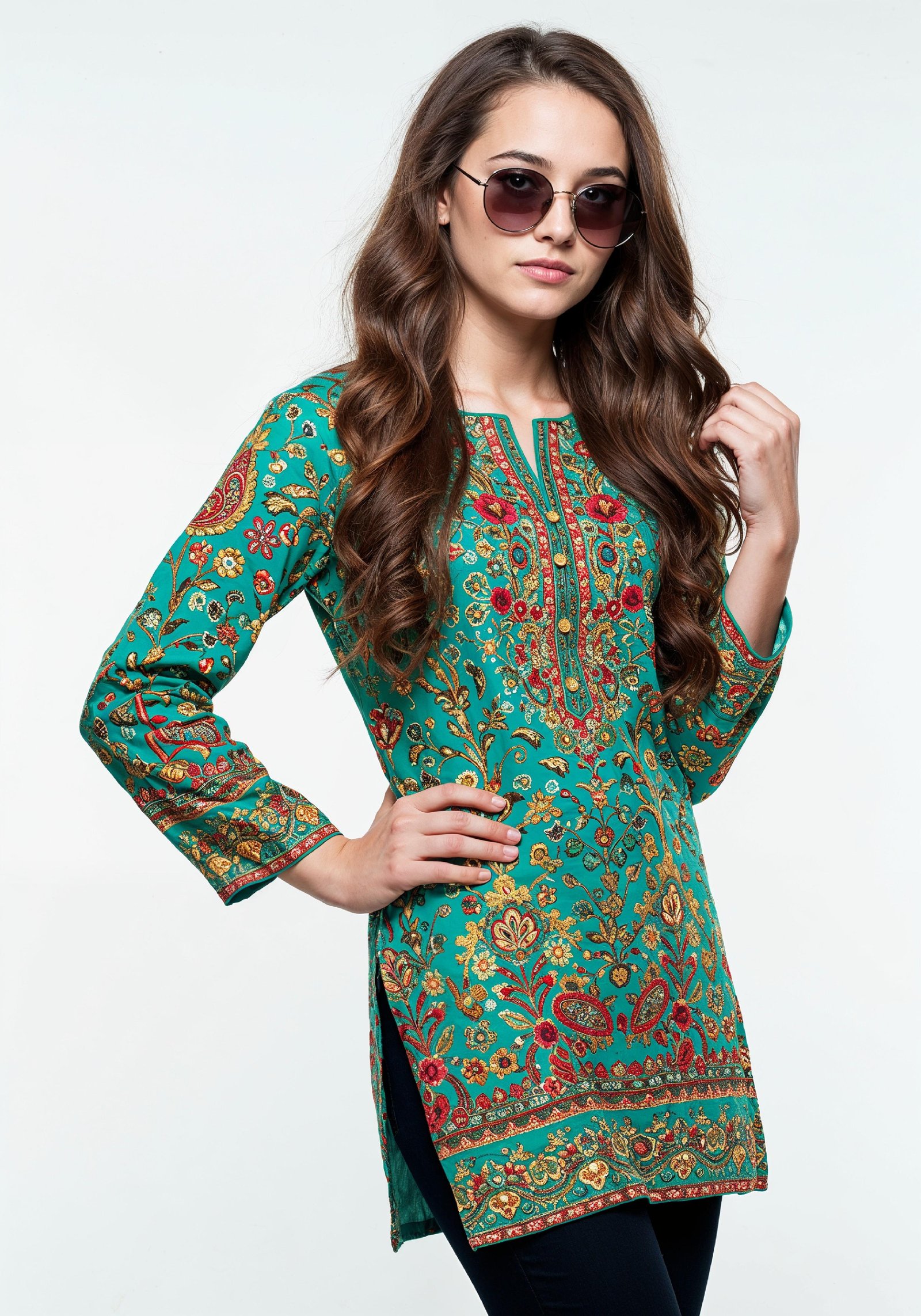 Fashionable Young Woman in Colorful Printed Kurti and Jeans Ethnic Style Portrait
