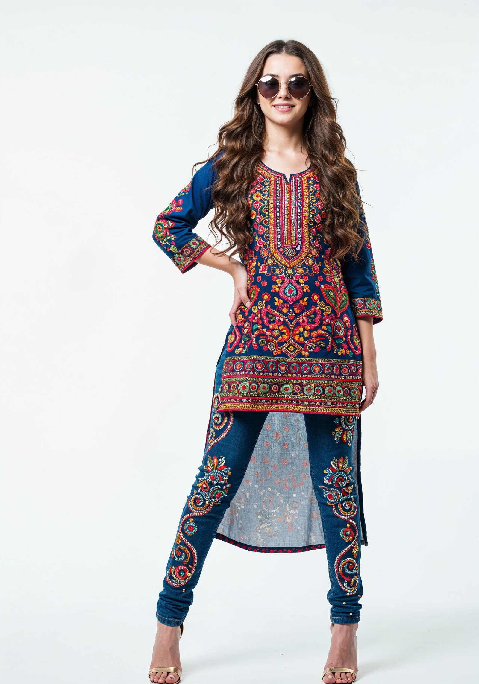 Fashionable Young Woman in Colorful Printed Kurti and Jeans Ethnic Style Portrait