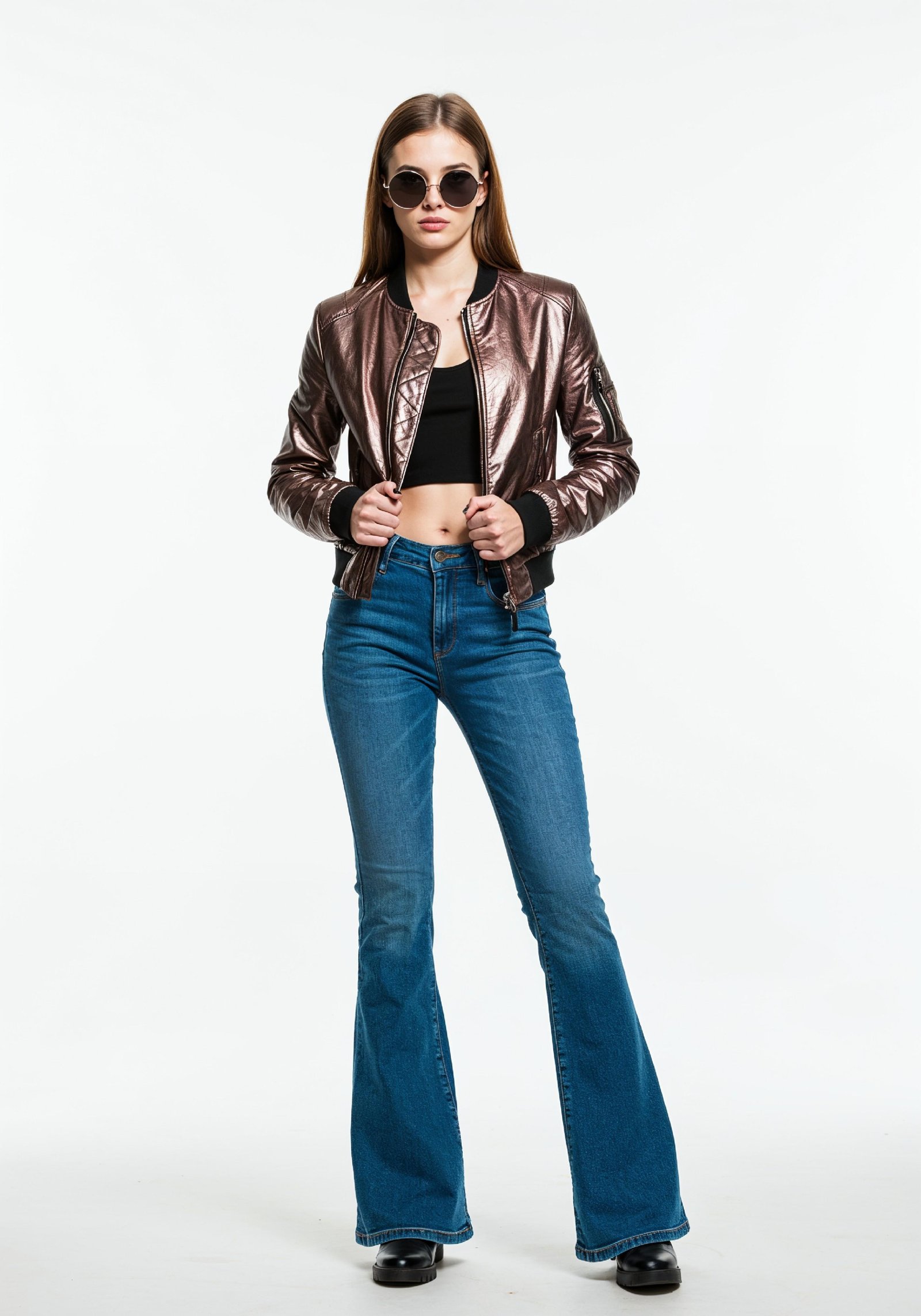Fashionable Young Woman in Metallic Bomber Jacket and Flared Jeans Street Style Portrait