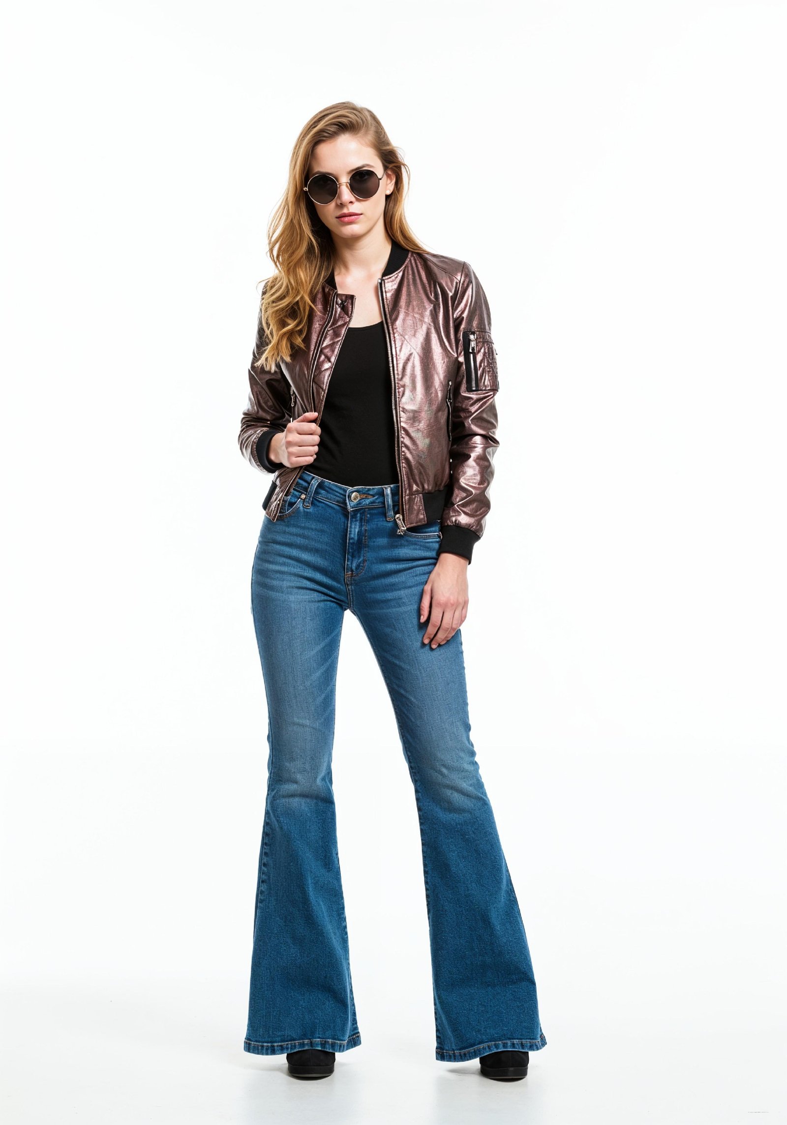 Fashionable Young Woman in Metallic Bomber Jacket and Flared Jeans Street Style Portrait