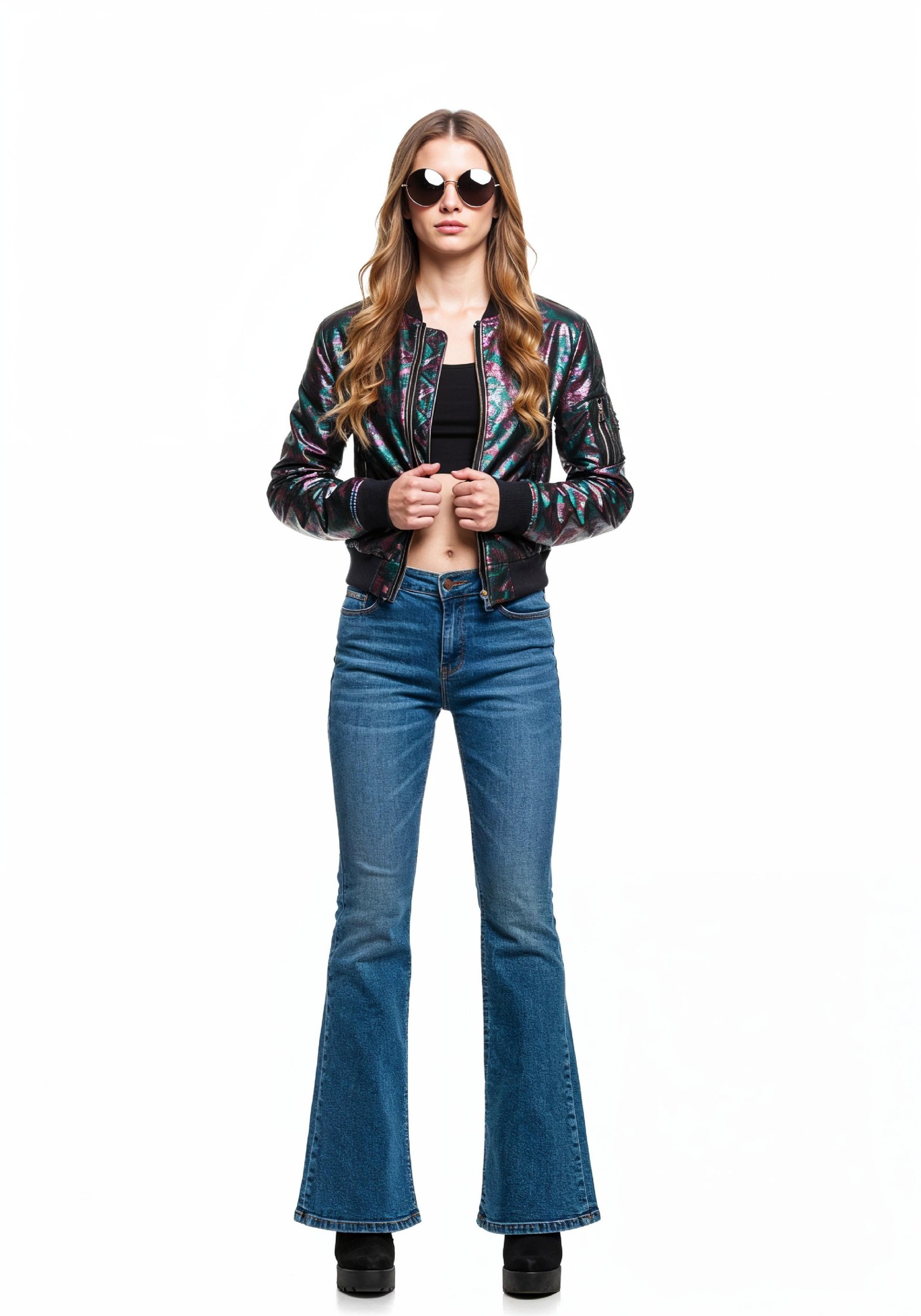 Fashionable Young Woman in Metallic Bomber Jacket and Flared Jeans Street Style Portrait