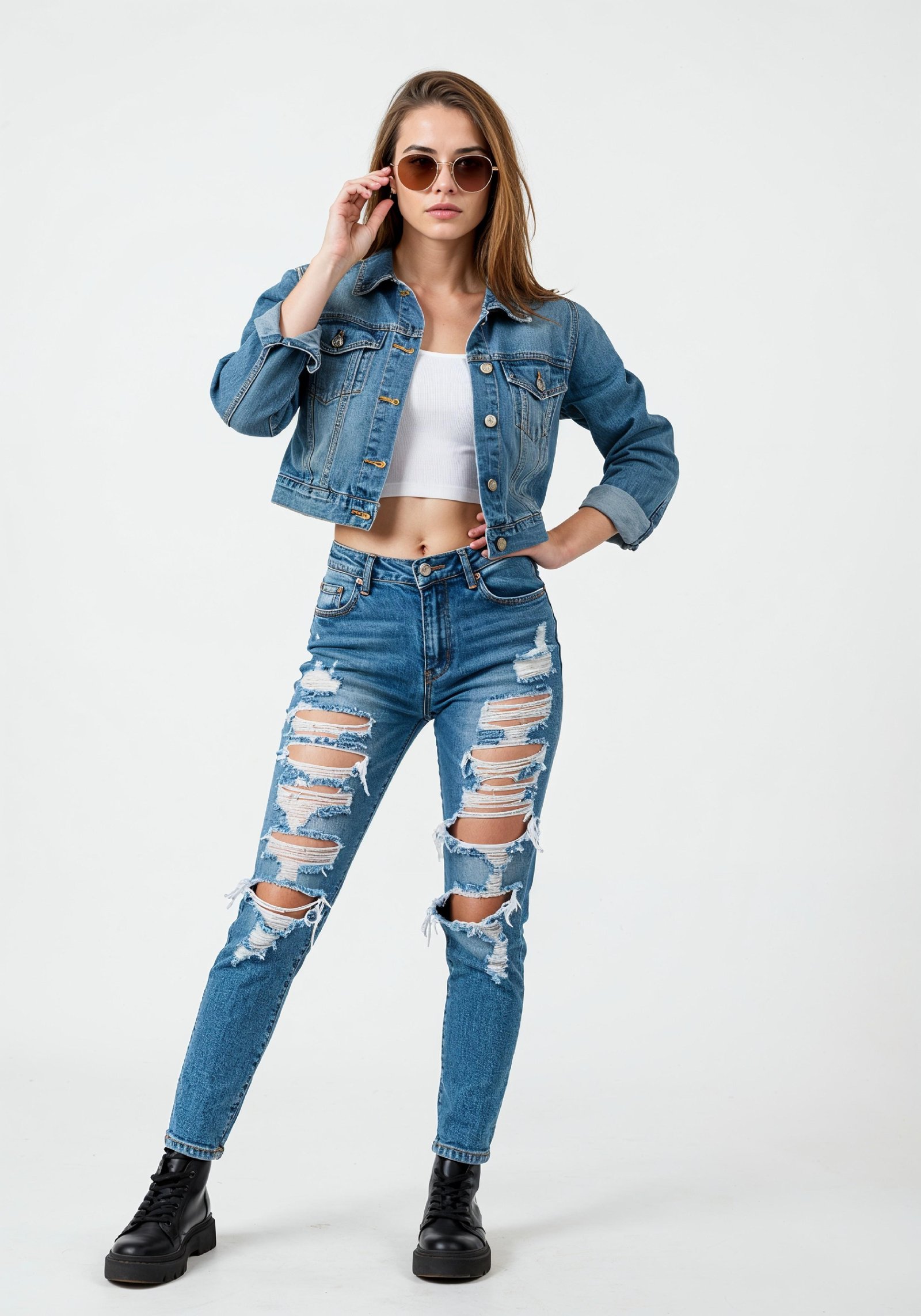Fashionable Young Woman in Ripped Denim Jeans and Jacket Casual Street Style Portrait
