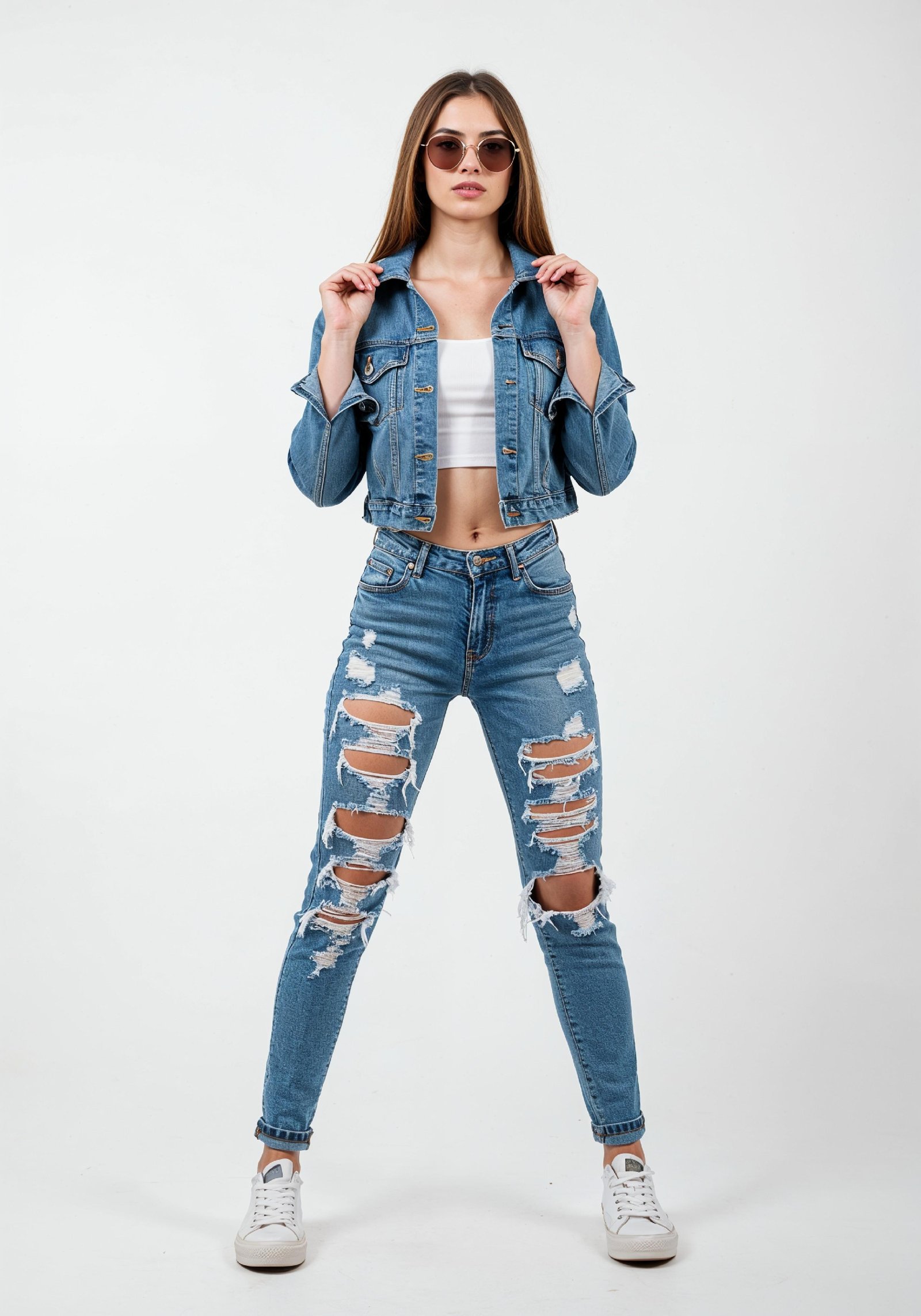 Fashionable Young Woman in Ripped Denim Jeans and Jacket Casual Street Style Portrait
