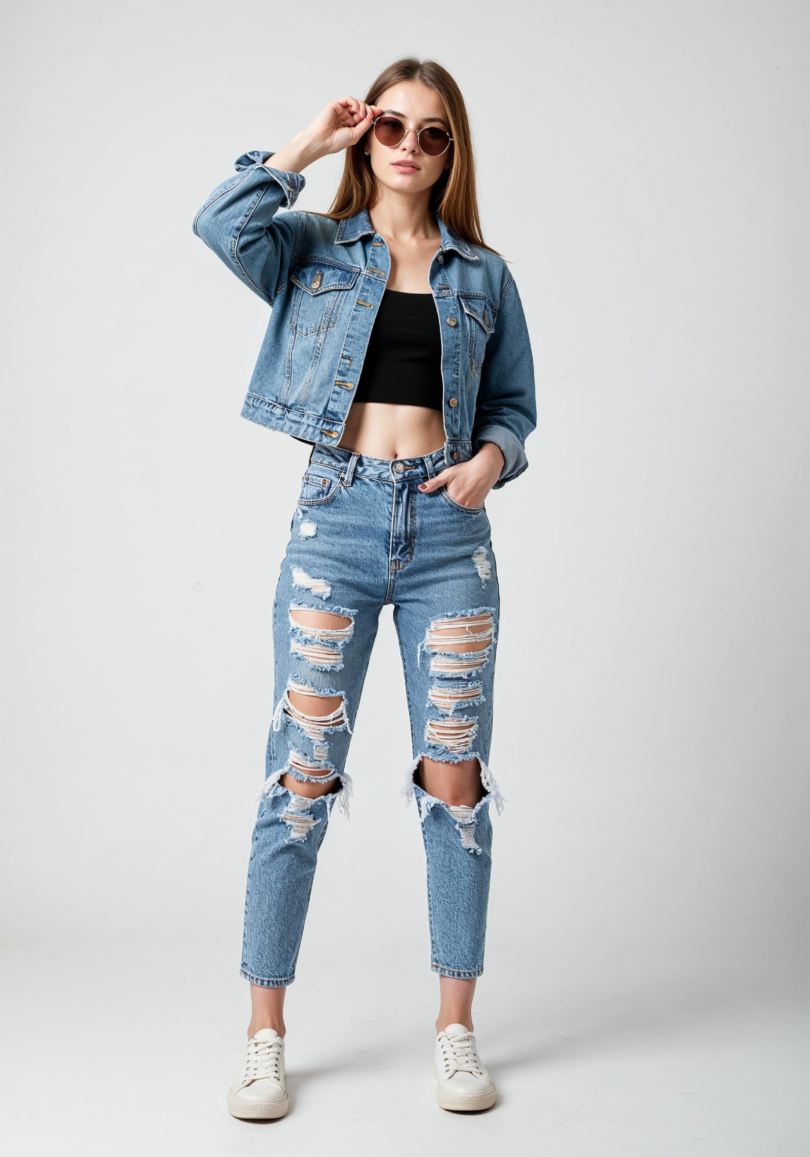 Fashionable Young Woman in Ripped Denim Jeans and Jacket Casual Street Style Portrait