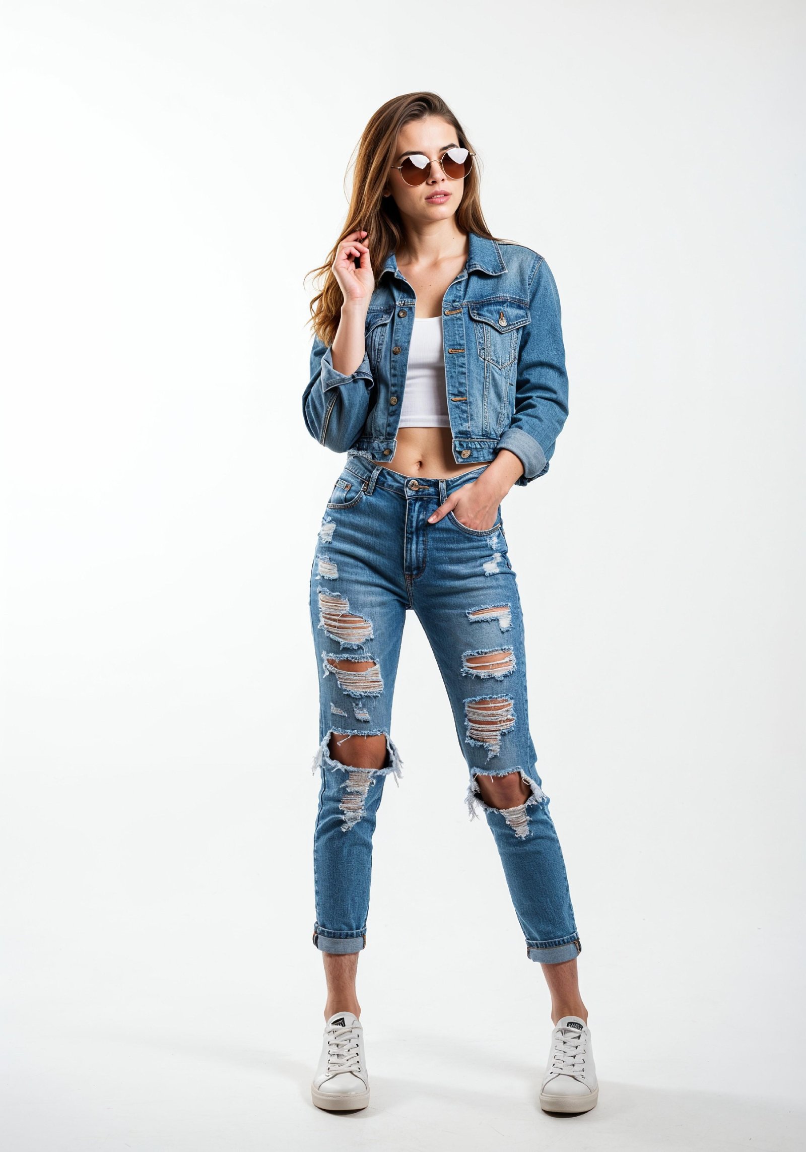 Fashionable Young Woman in Ripped Denim Jeans and Jacket Casual Street Style Portrait