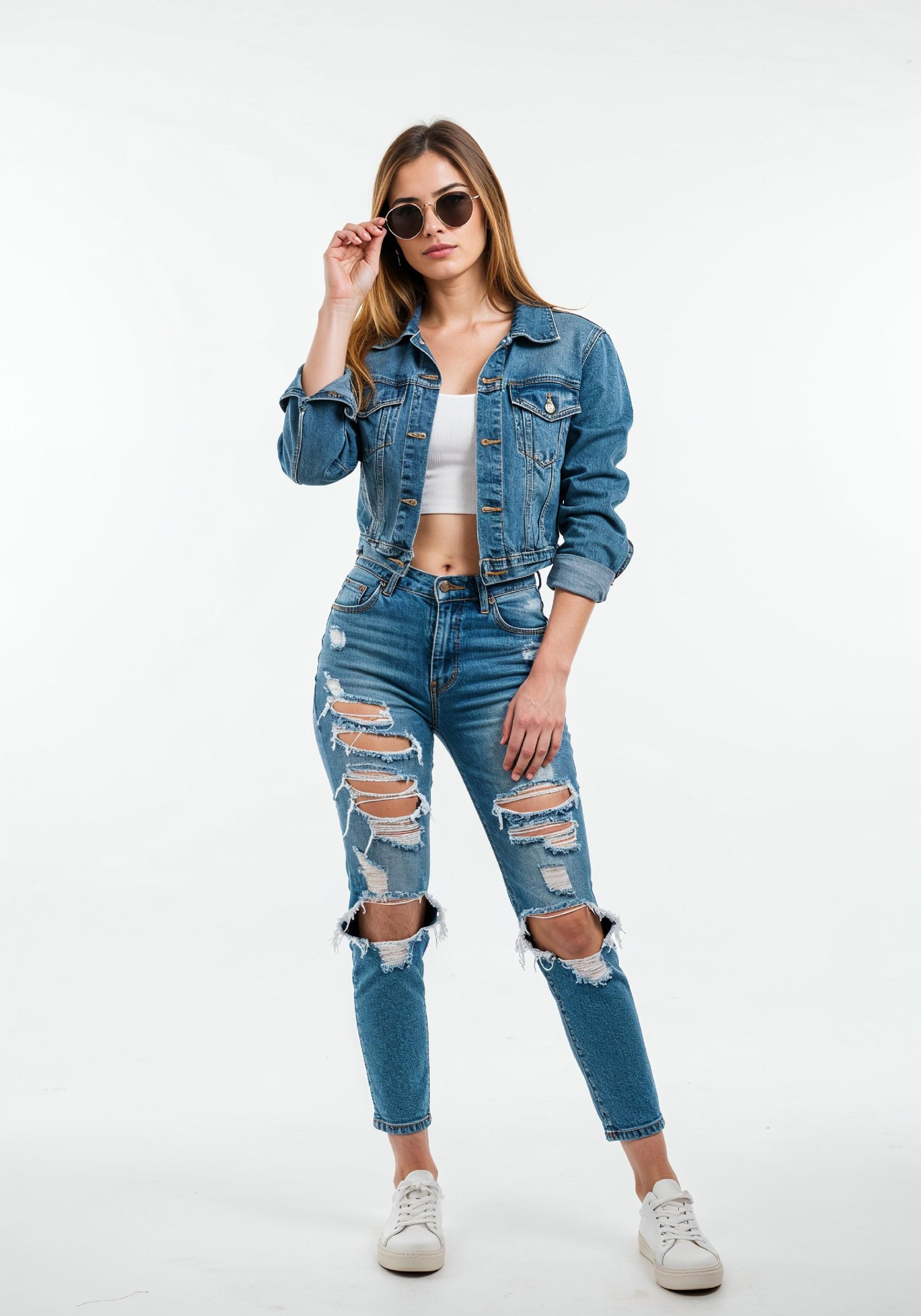 Fashionable Young Woman in Ripped Denim Jeans and Jacket Casual Street Style Portrait