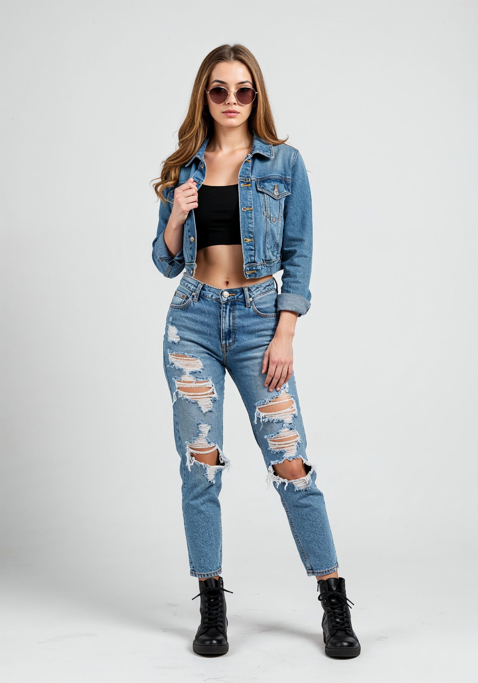 Fashionable Young Woman in Ripped Denim Jeans and Jacket Casual Street Style Portrait