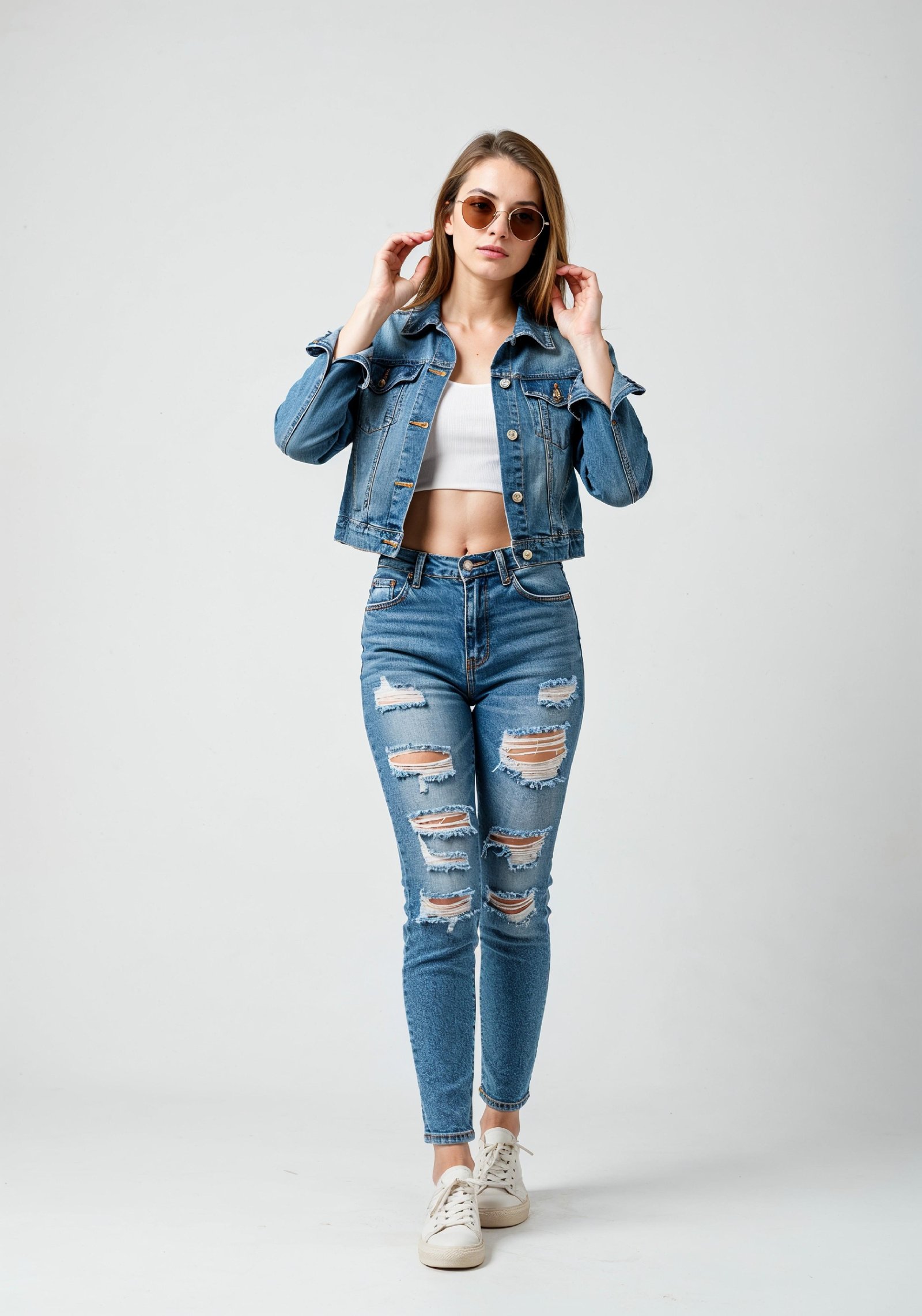 Fashionable Young Woman in Ripped Denim Jeans and Jacket Casual Street Style Portrait