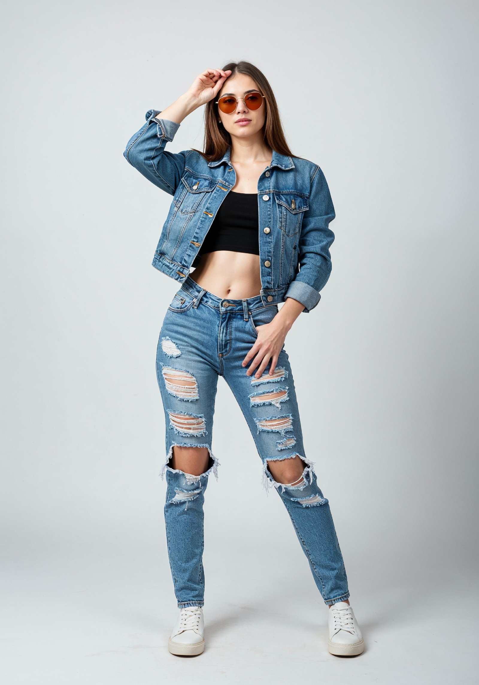 Fashionable Young Woman in Ripped Denim Jeans and Jacket Casual Street Style Portrait