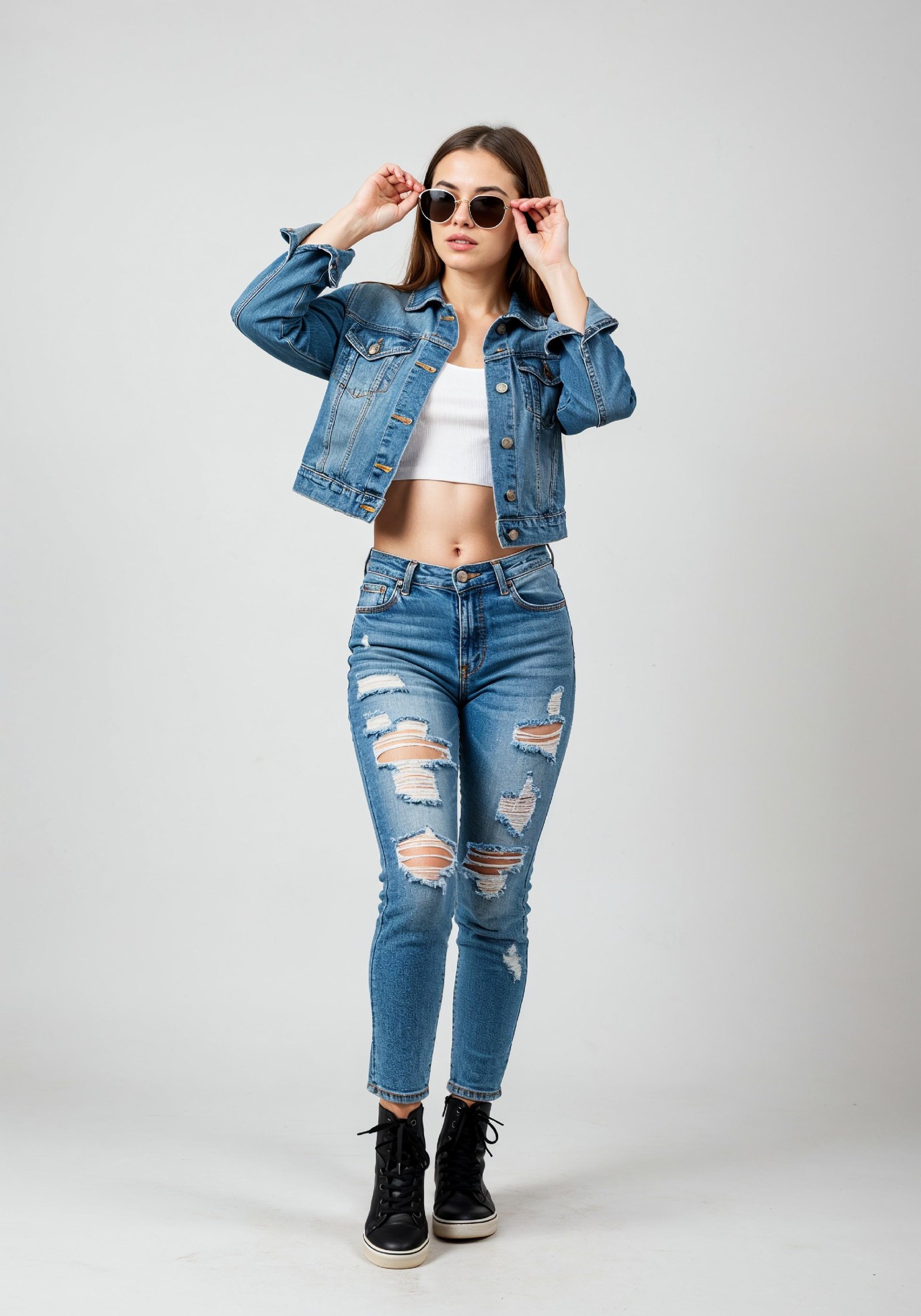 Fashionable Young Woman in Ripped Denim Jeans and Jacket Casual Street Style Portrait