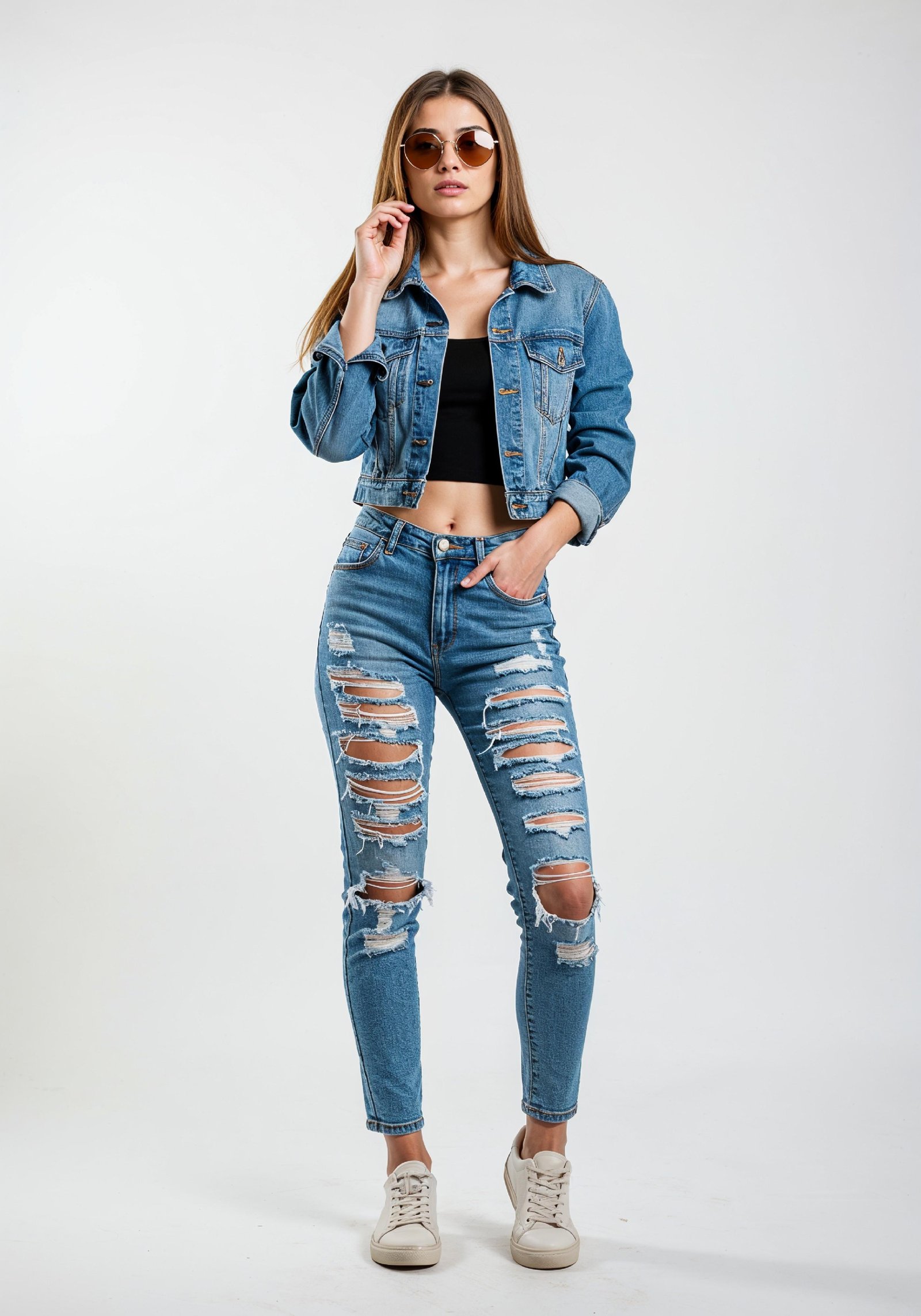Fashionable Young Woman in Ripped Denim Jeans and Jacket Casual Street Style Portrait
