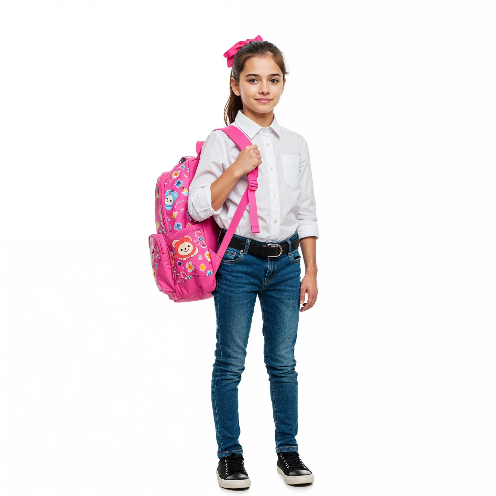 Full Body Portrait of Smiling School Girl Carrying Backpack Isolated on White Background