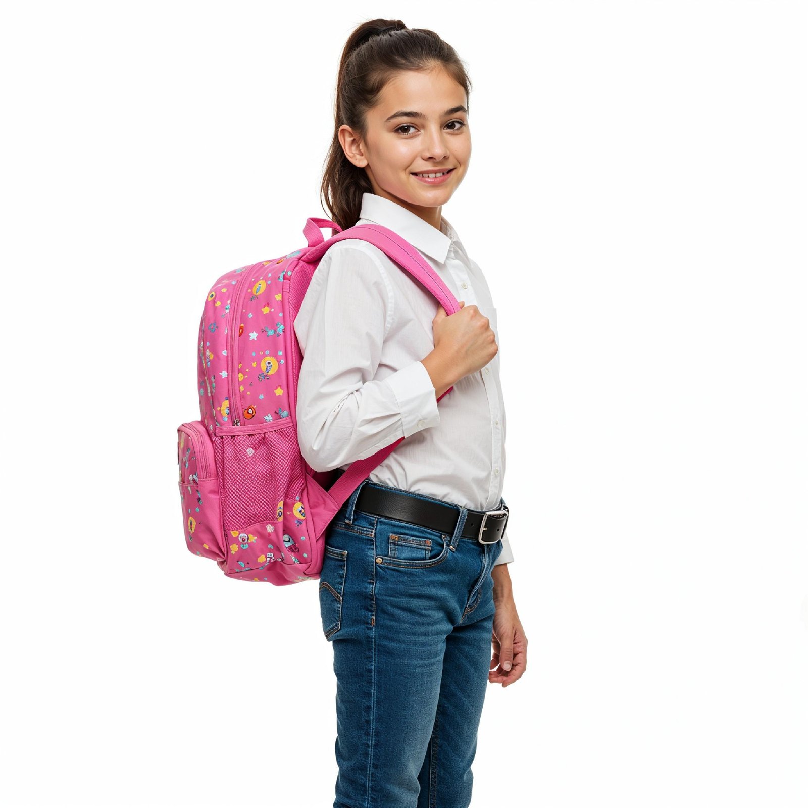 Full Body Portrait of Smiling School Girl Carrying Backpack Isolated on White Background