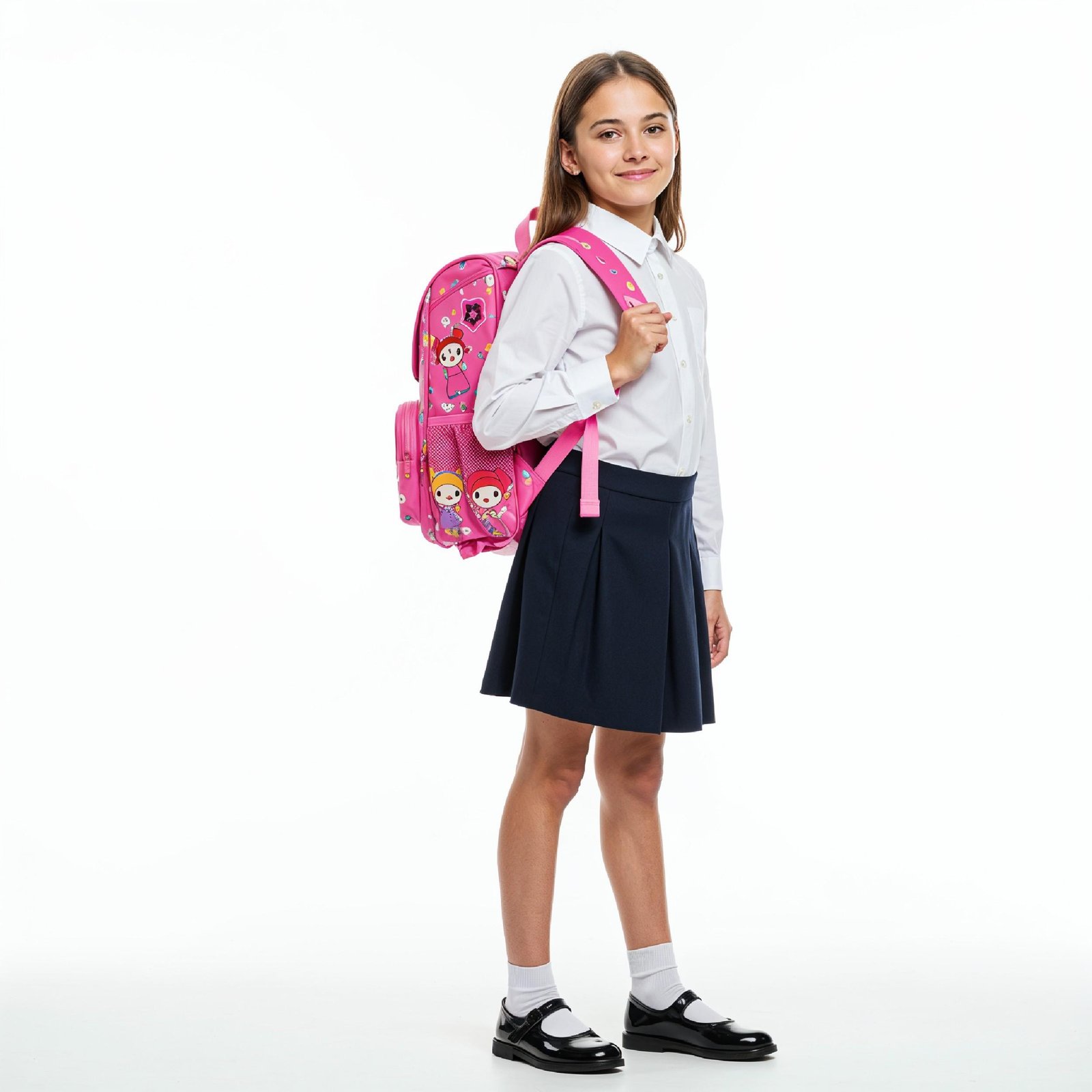 Full Body Portrait of Smiling School Girl Carrying Backpack Isolated on White Background