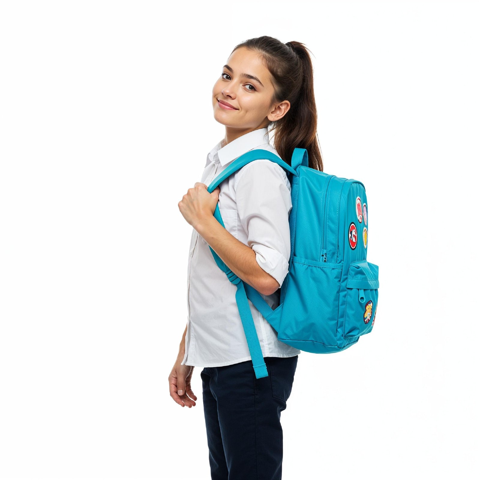 Full Body Portrait of Smiling School Girl Carrying Backpack Isolated on White Background