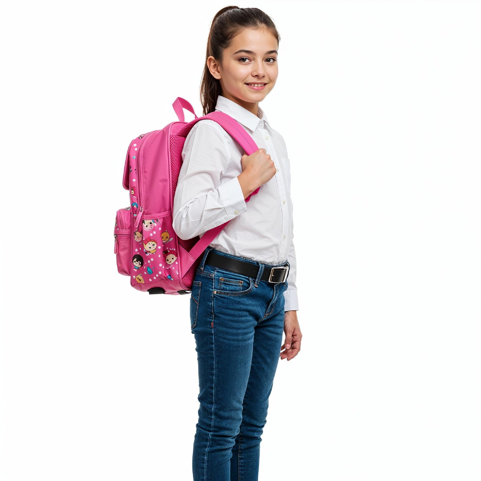 Full Body Portrait of Smiling School Girl Carrying Backpack Isolated on White Background