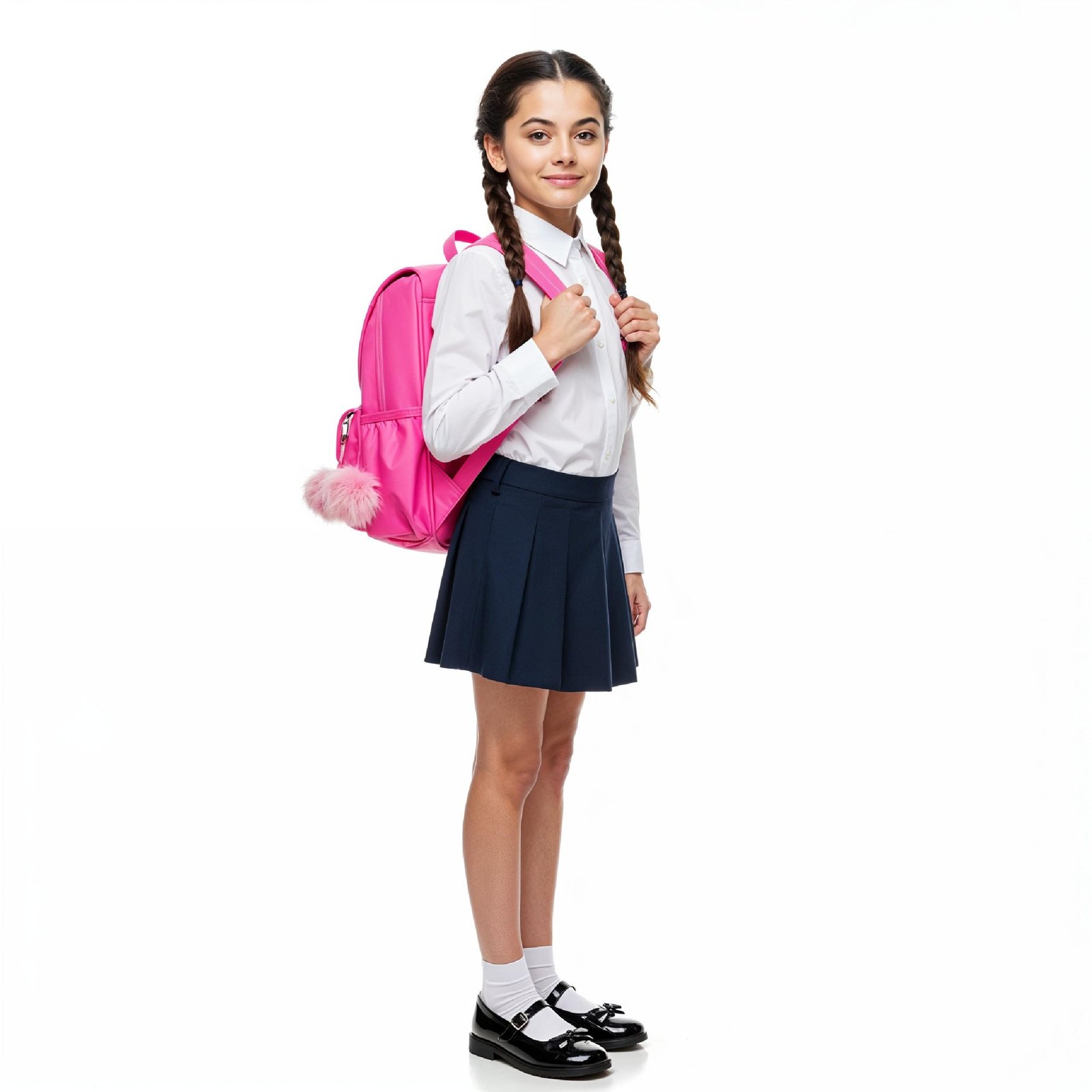 Full Body Portrait of Smiling School Girl Carrying Backpack Isolated on White Background