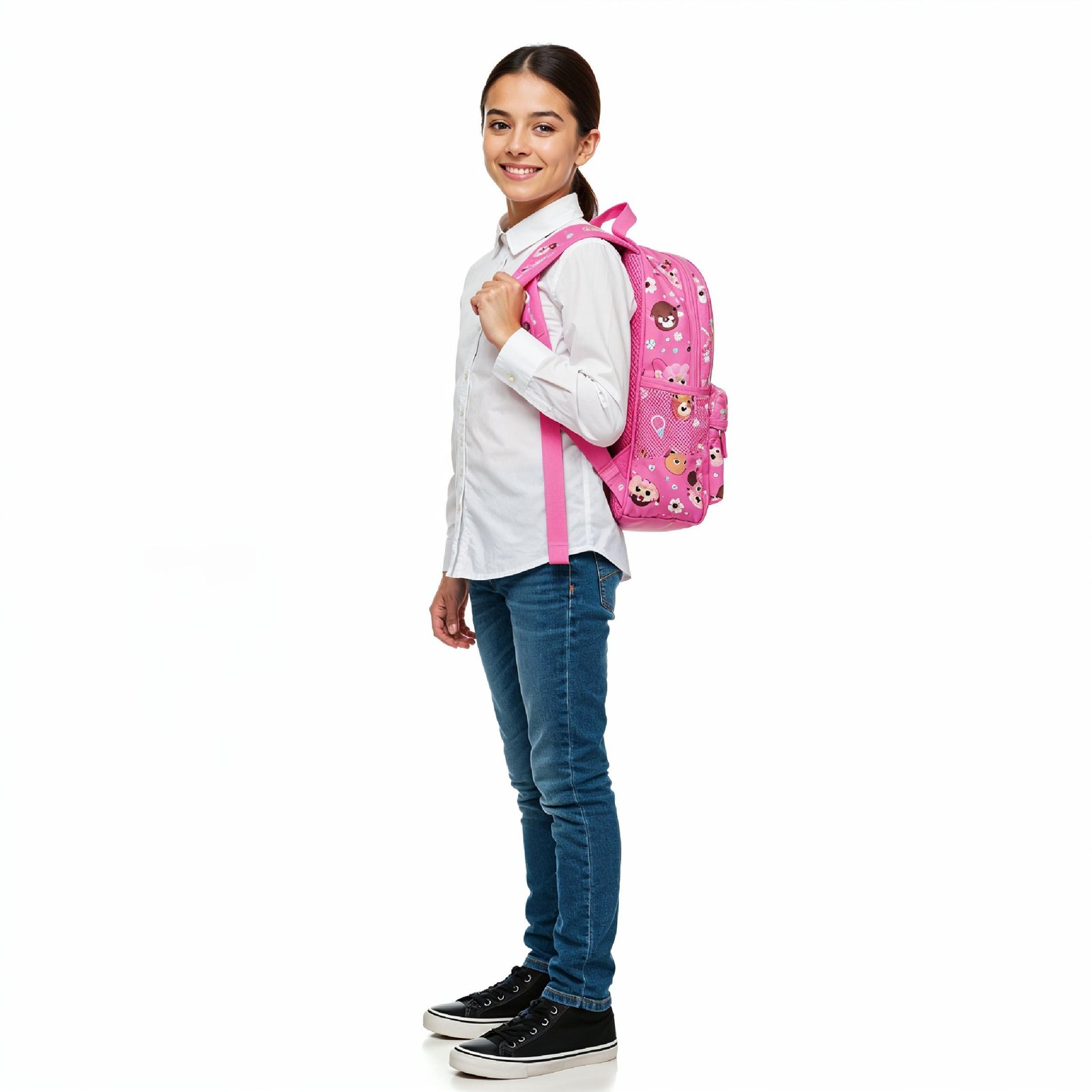 Full Body Portrait of Smiling School Girl Carrying Backpack Isolated on White Background