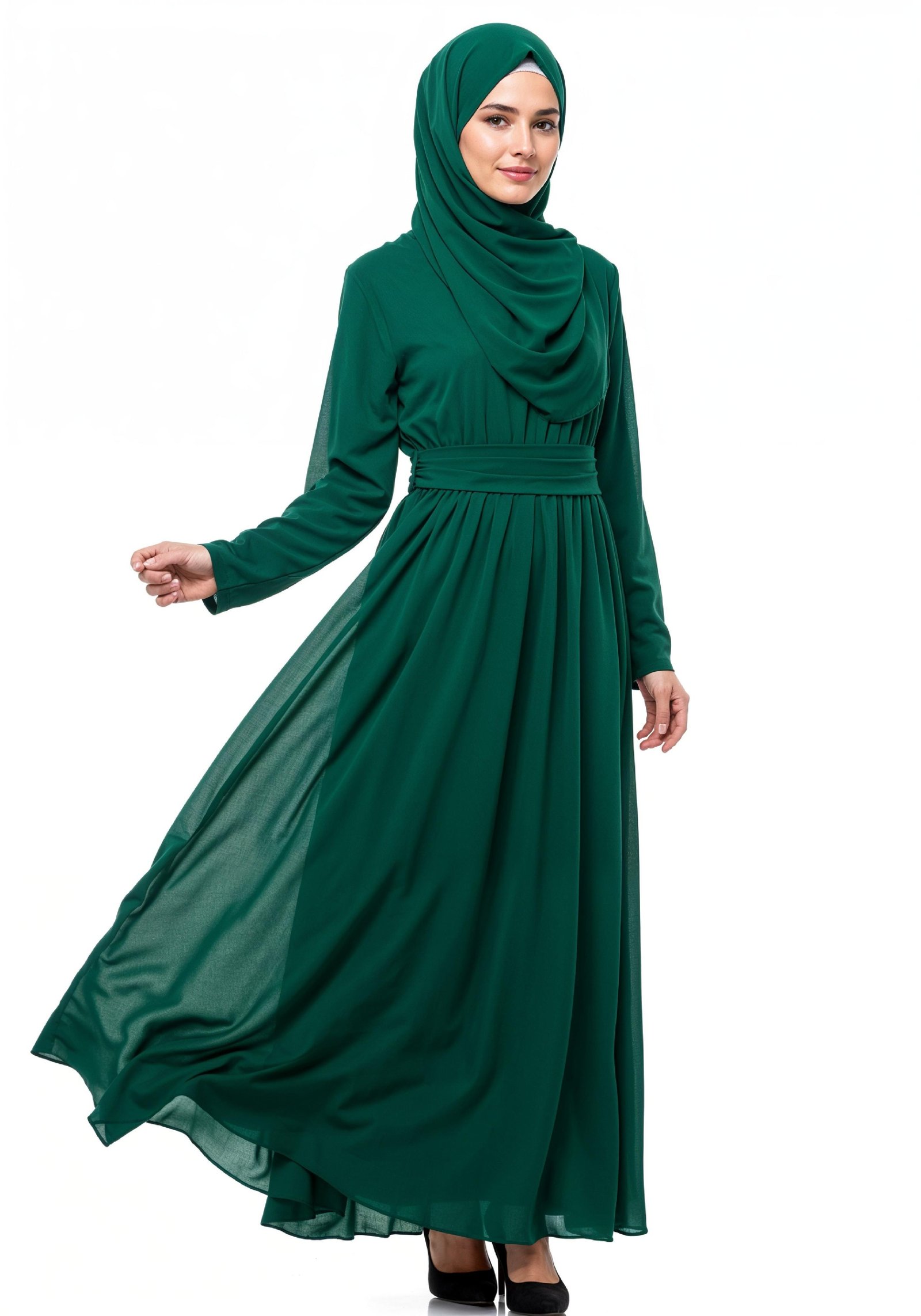 Graceful Muslim Woman Wearing Elegant Emerald Green Abaya and Hijab