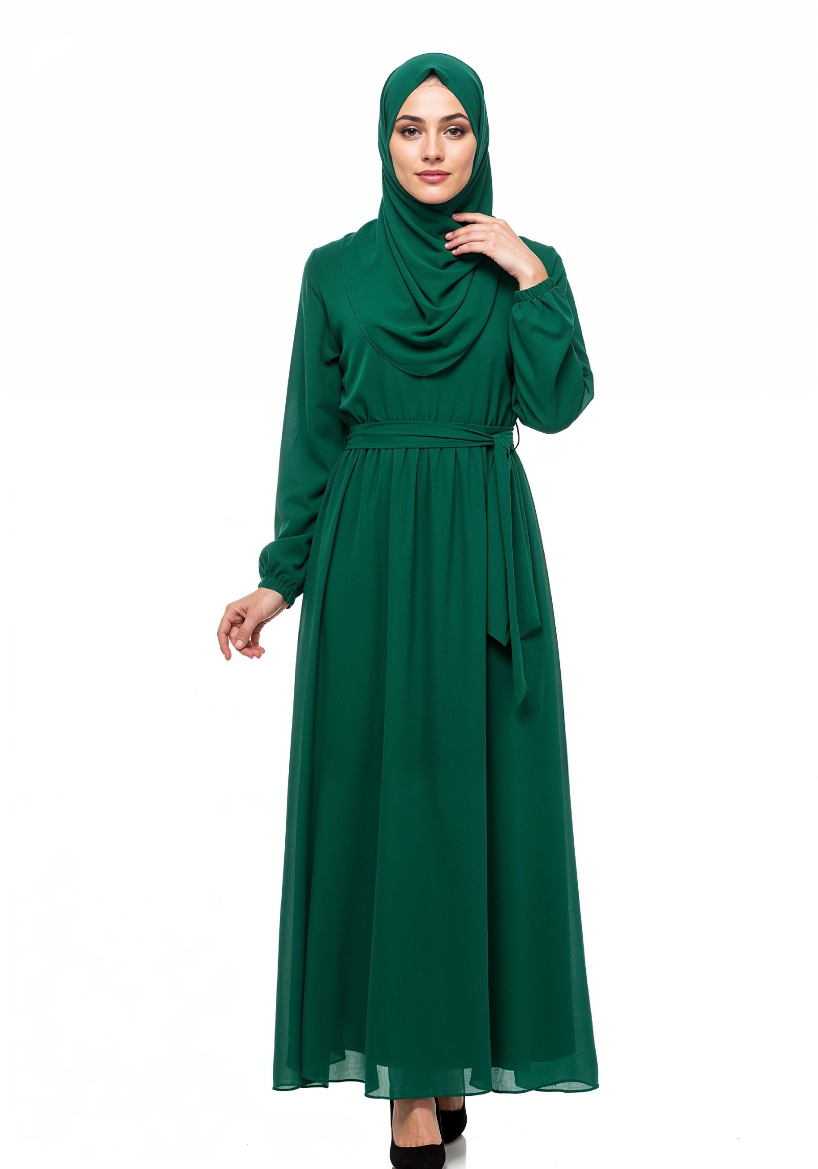 Graceful Muslim Woman Wearing Elegant Emerald Green Abaya and Hijab