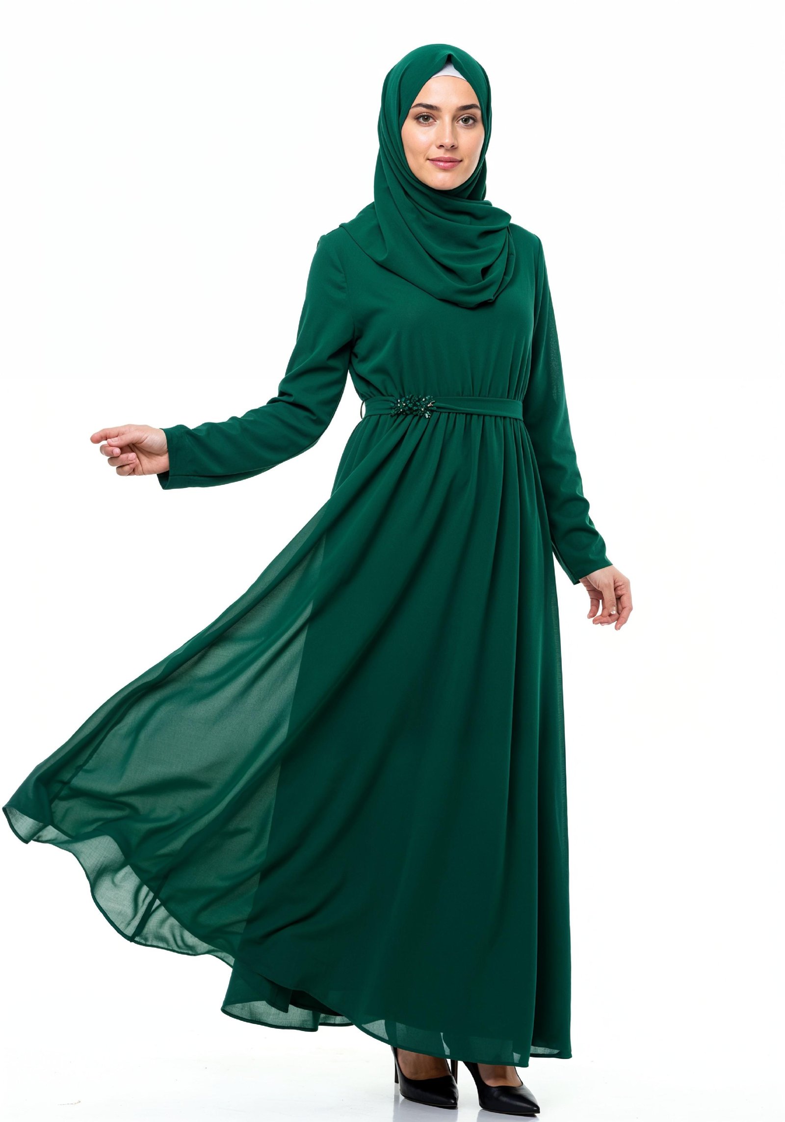 Graceful Muslim Woman Wearing Elegant Emerald Green Abaya and Hijab