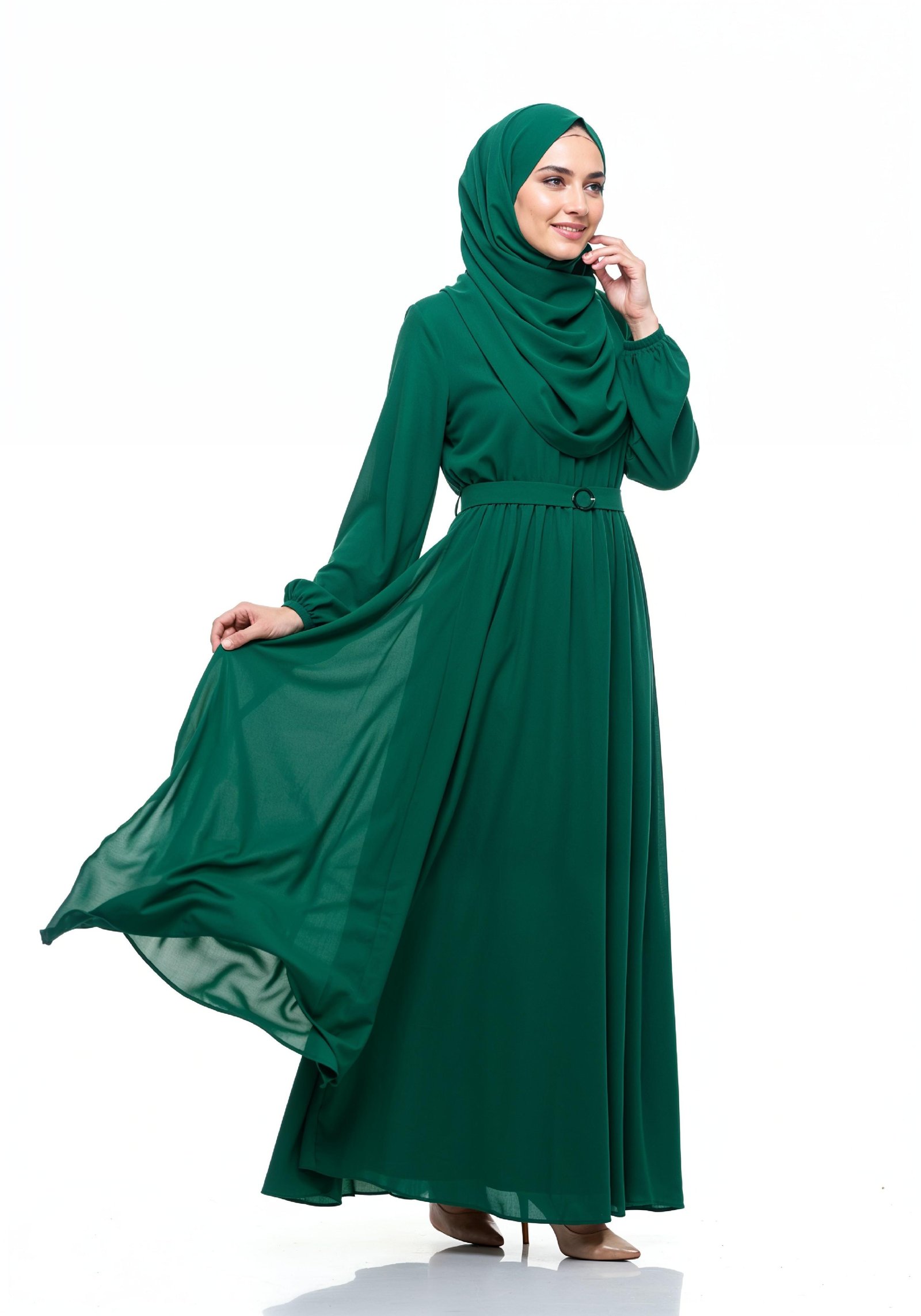 Graceful Muslim Woman Wearing Elegant Emerald Green Abaya and Hijab