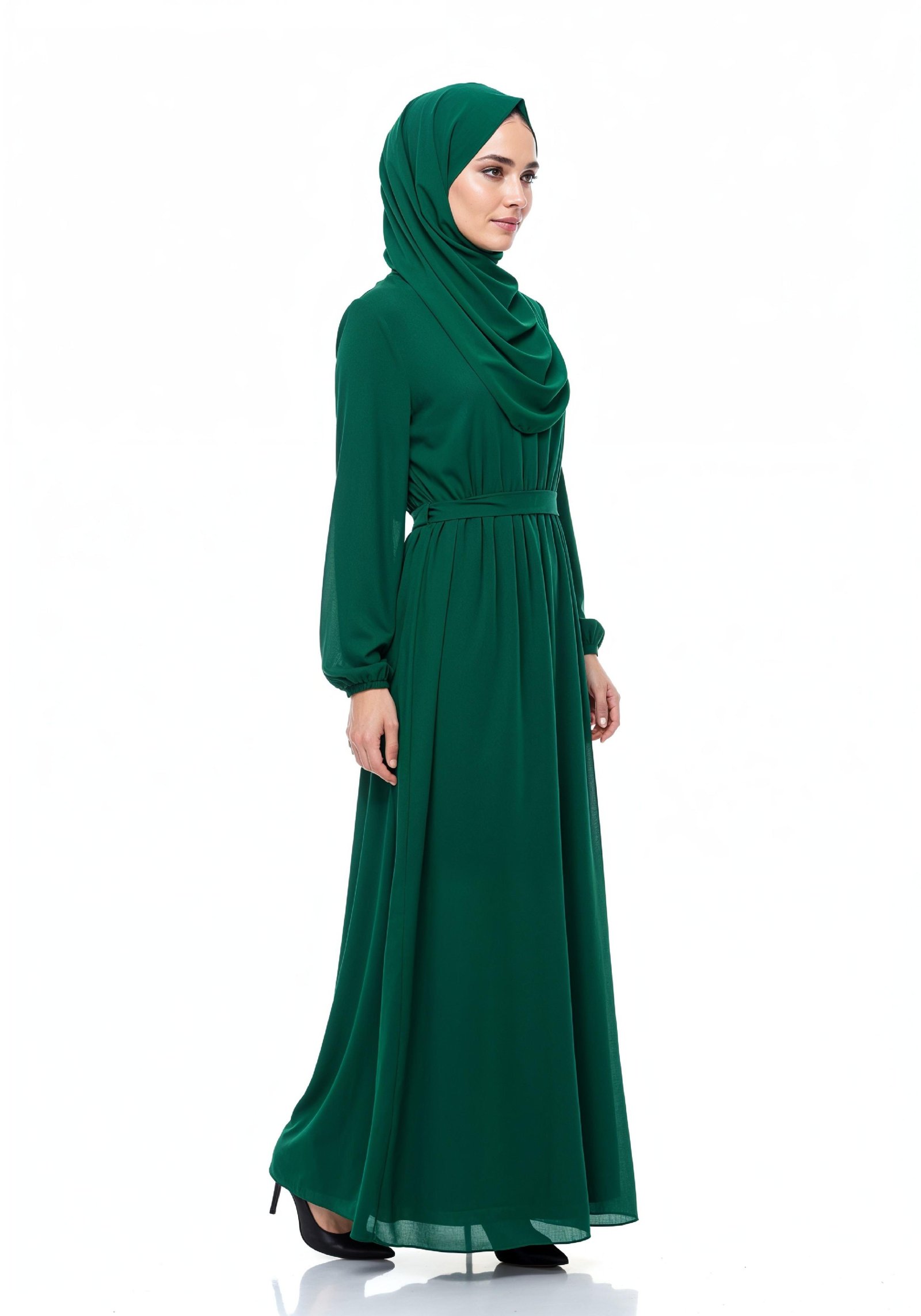 Graceful Muslim Woman Wearing Elegant Emerald Green Abaya and Hijab