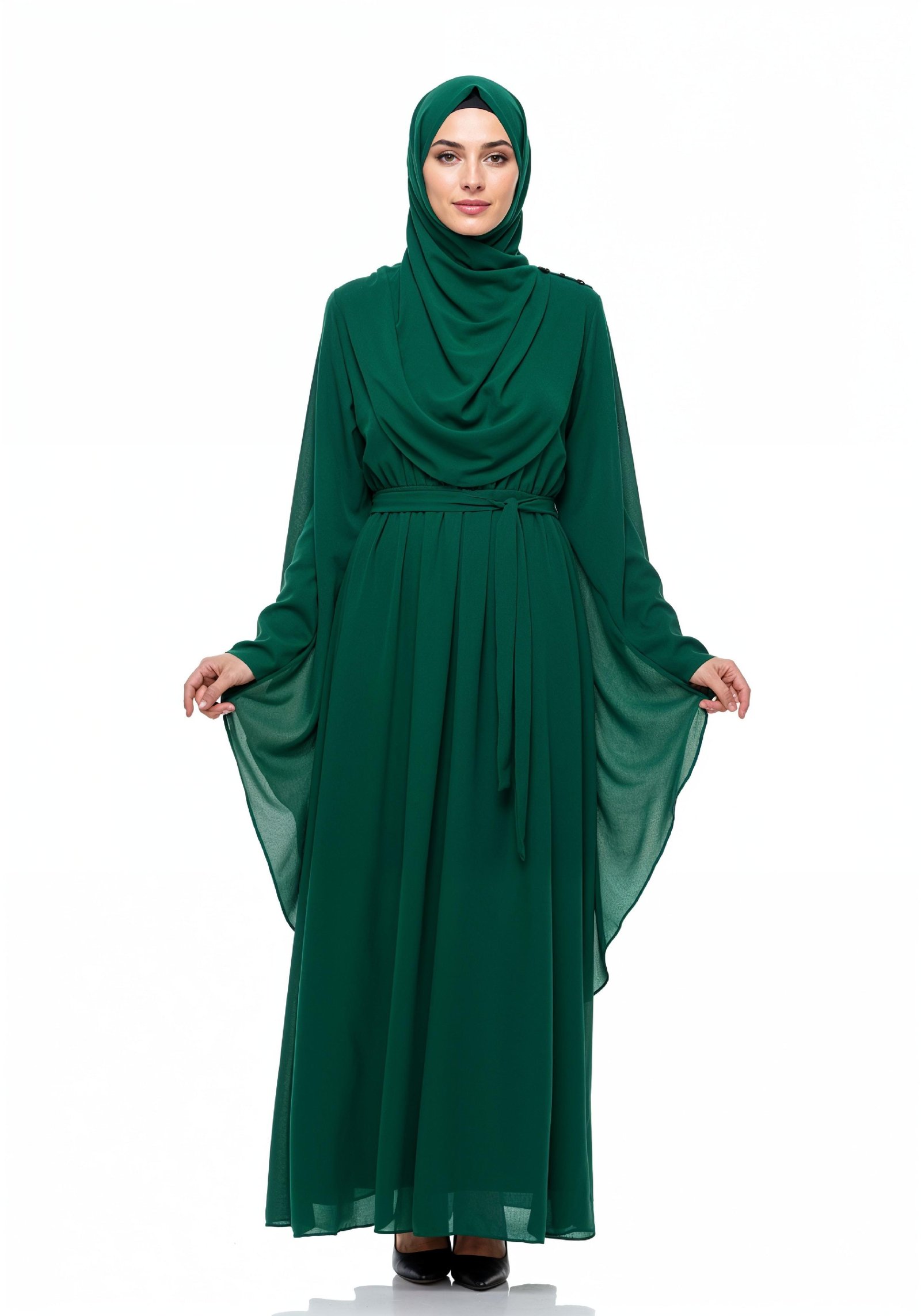 Graceful Muslim Woman Wearing Elegant Emerald Green Abaya and Hijab