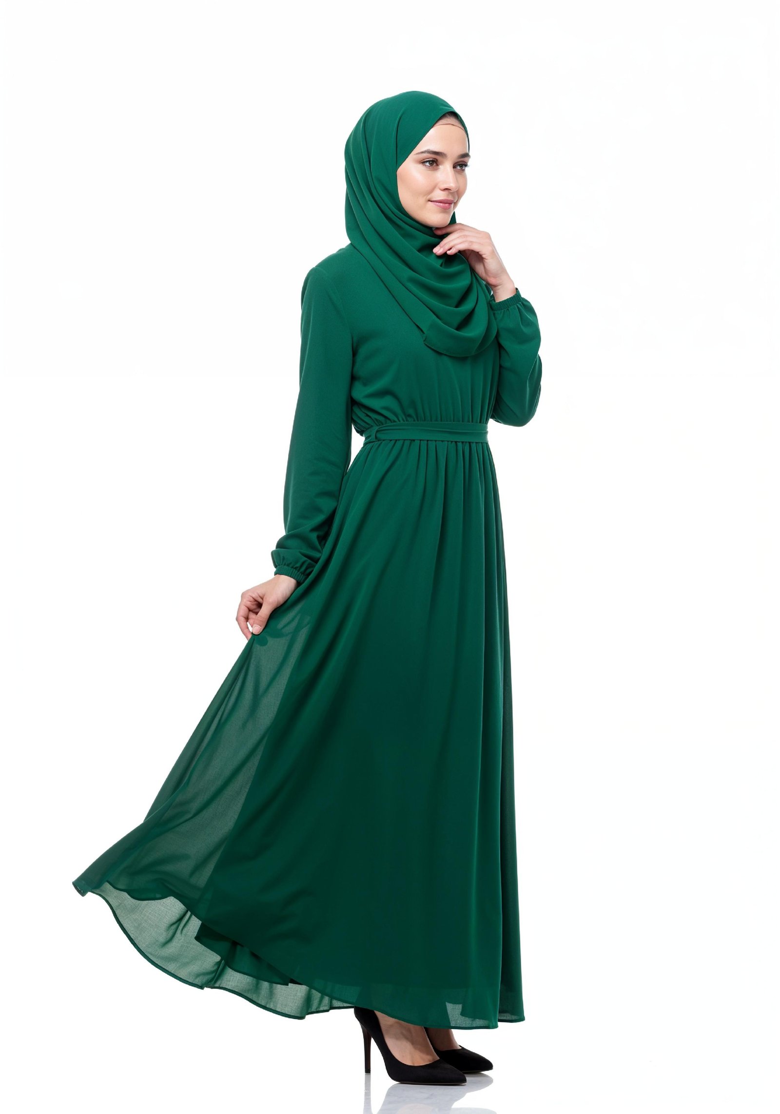Graceful Muslim Woman Wearing Elegant Emerald Green Abaya and Hijab