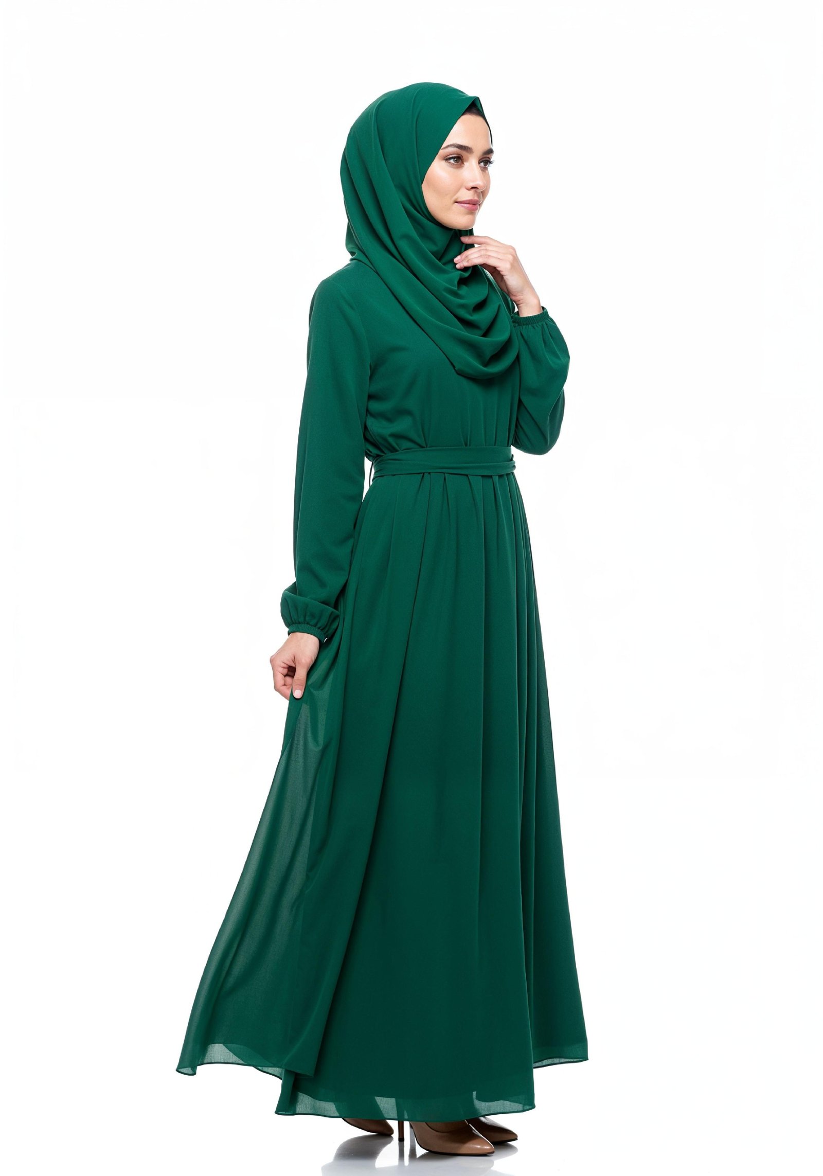 Graceful Muslim Woman Wearing Elegant Emerald Green Abaya and Hijab