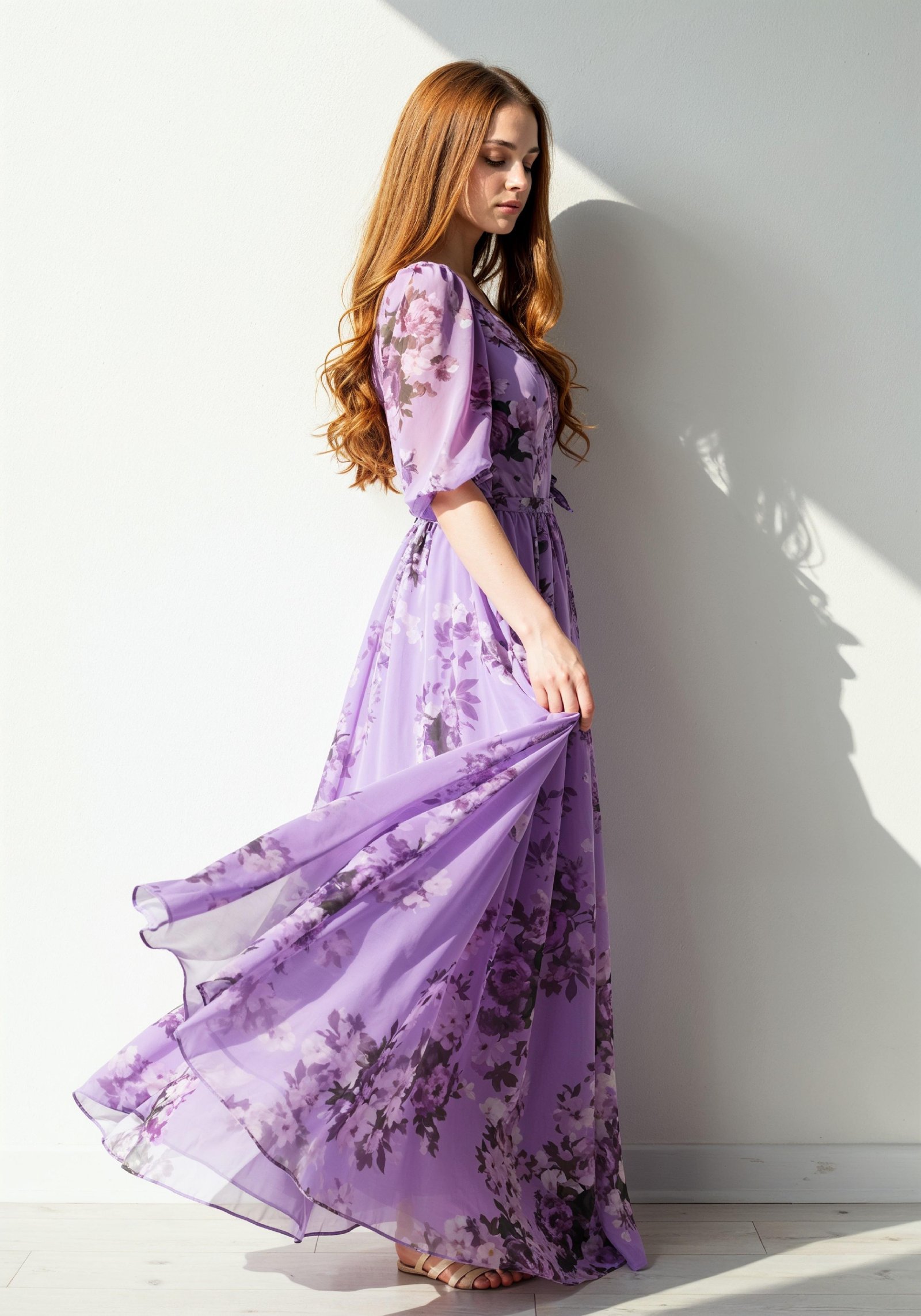 Graceful Young Woman in Luxury Lilac Floral Chiffon Dress by Window Light