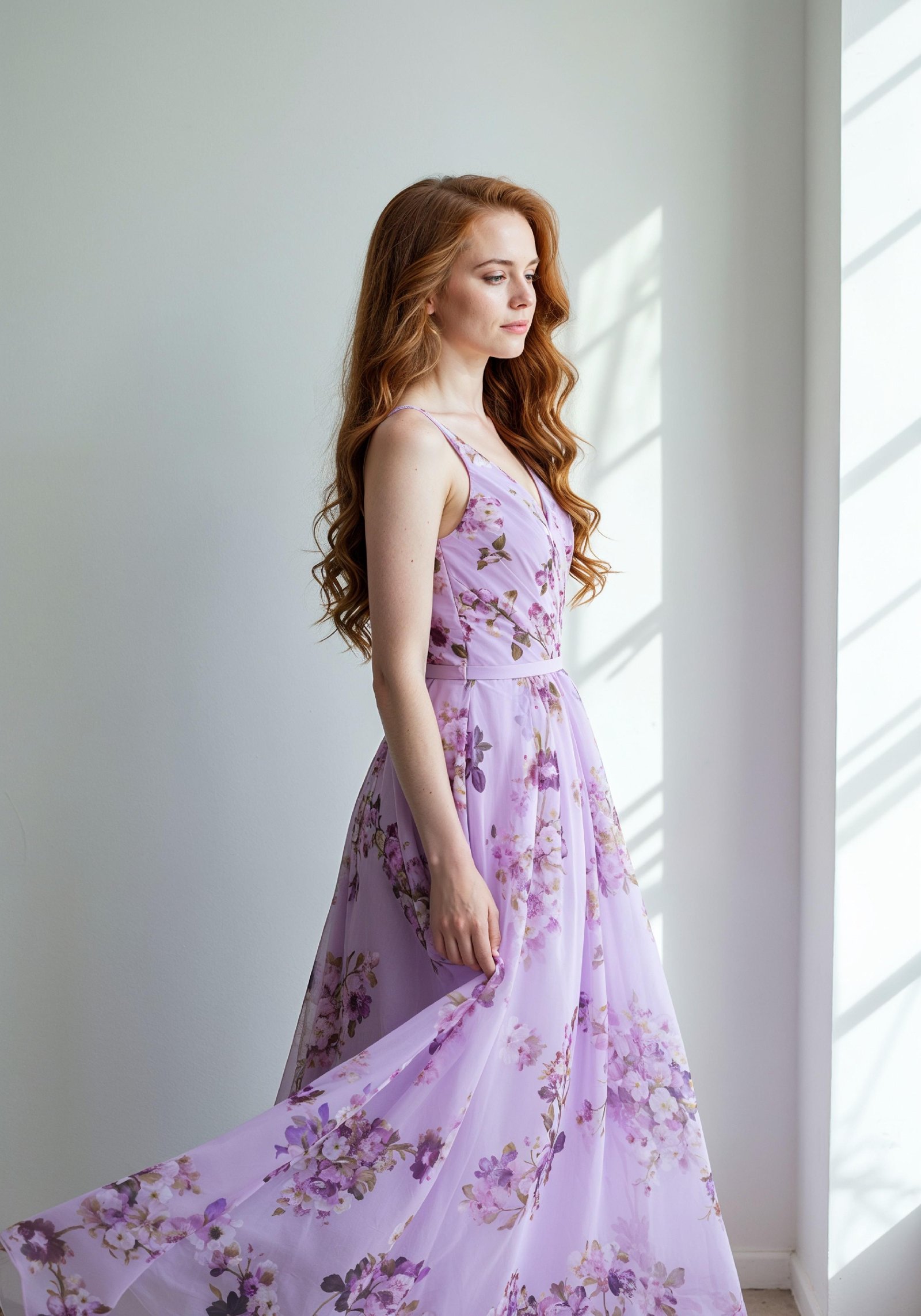 Graceful Young Woman in Luxury Lilac Floral Chiffon Dress by Window Light