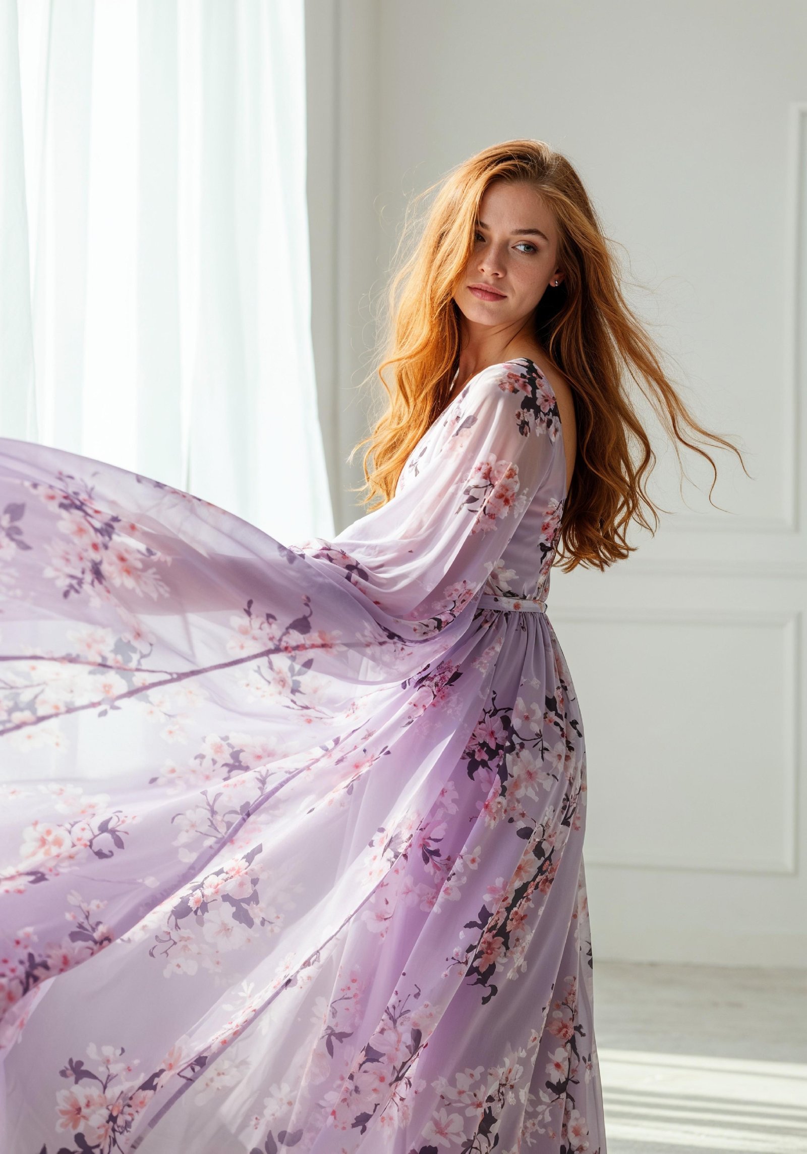 Graceful Young Woman in Luxury Lilac Floral Chiffon Dress by Window Light