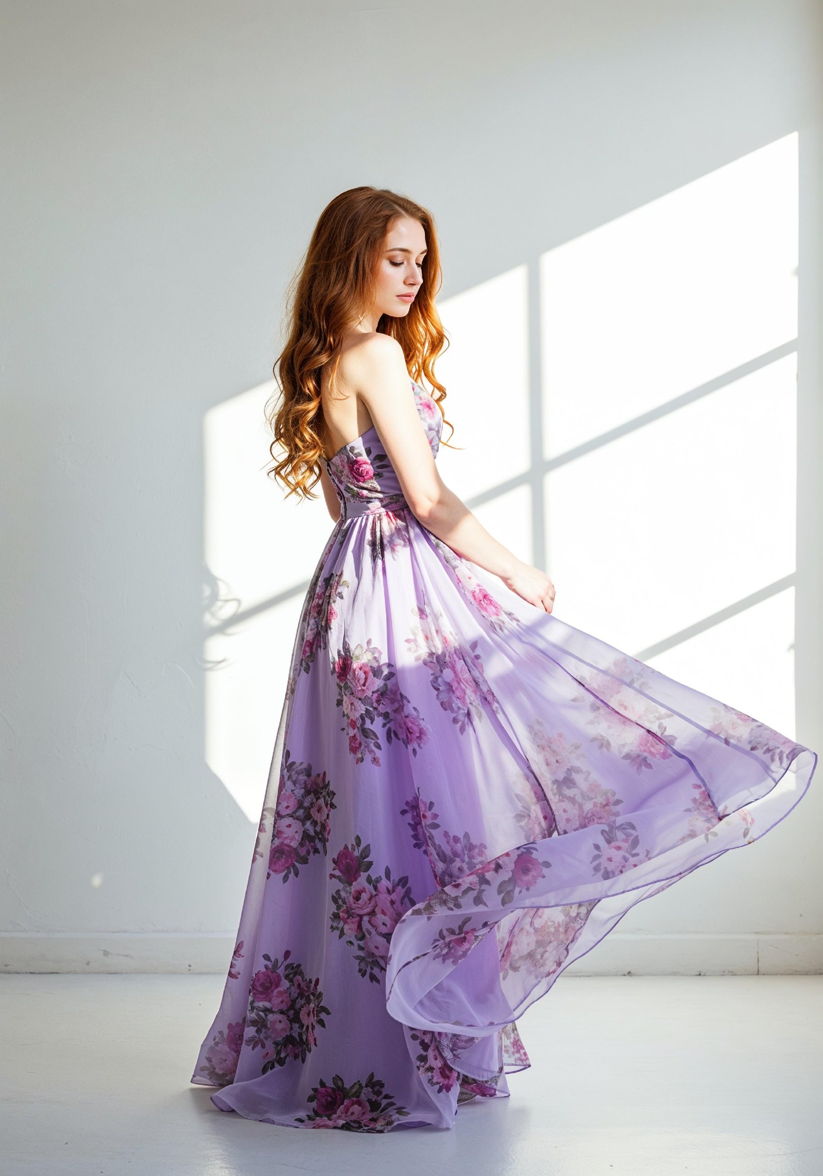 Graceful Young Woman in Luxury Lilac Floral Chiffon Dress by Window Light