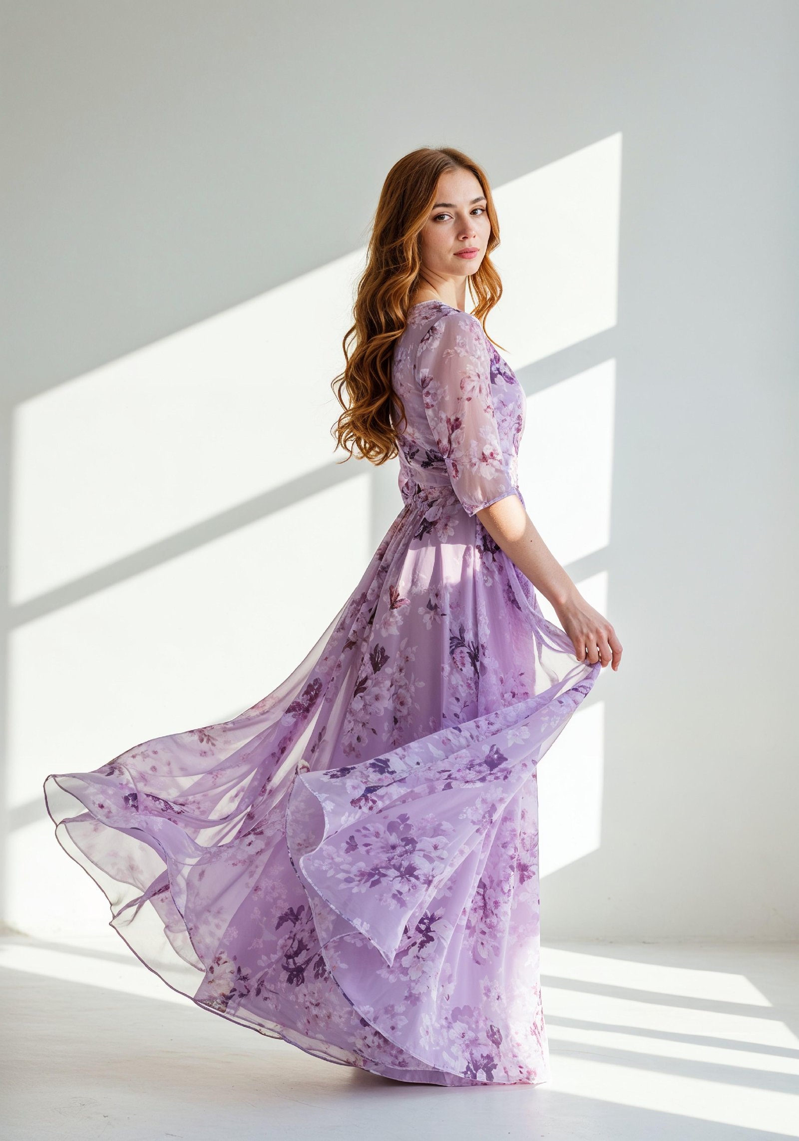Graceful Young Woman in Luxury Lilac Floral Chiffon Dress by Window Light