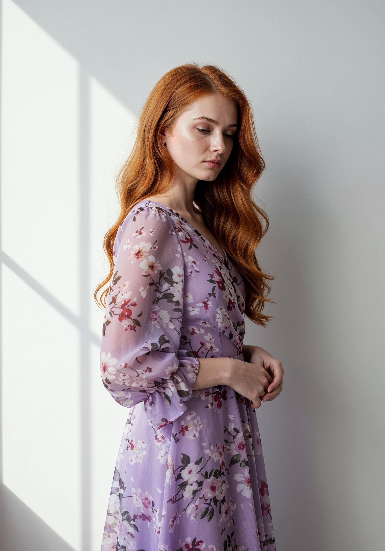 Graceful Young Woman in Luxury Lilac Floral Chiffon Dress by Window Light
