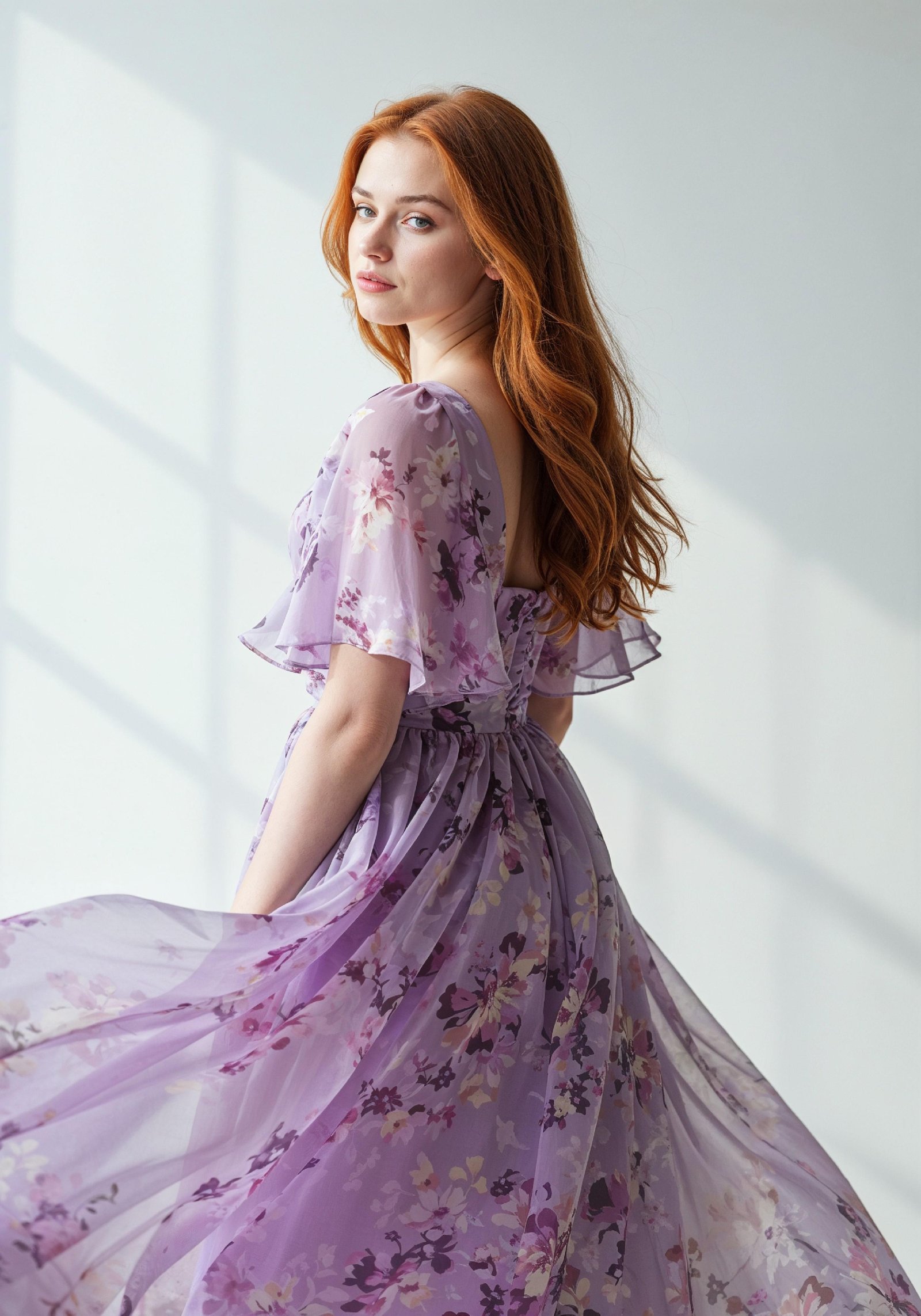 Graceful Young Woman in Luxury Lilac Floral Chiffon Dress by Window Light