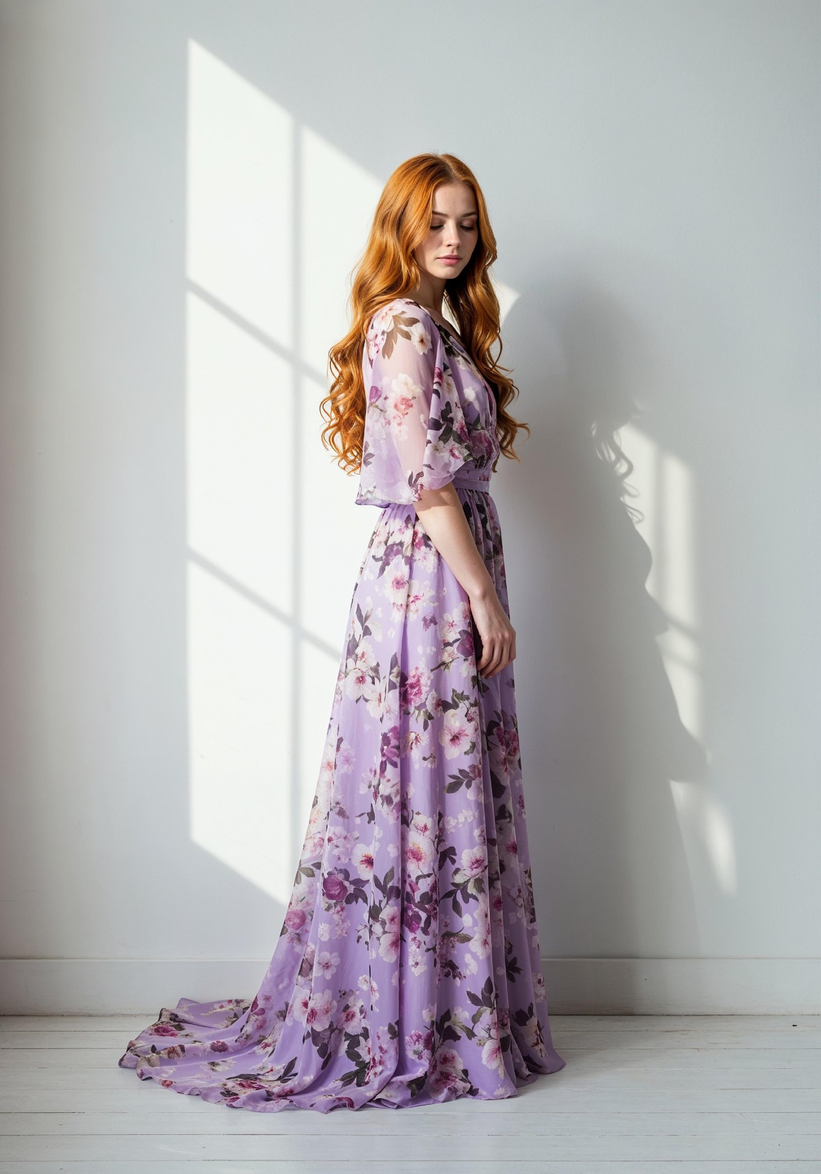 Graceful Young Woman in Luxury Lilac Floral Chiffon Dress by Window Light