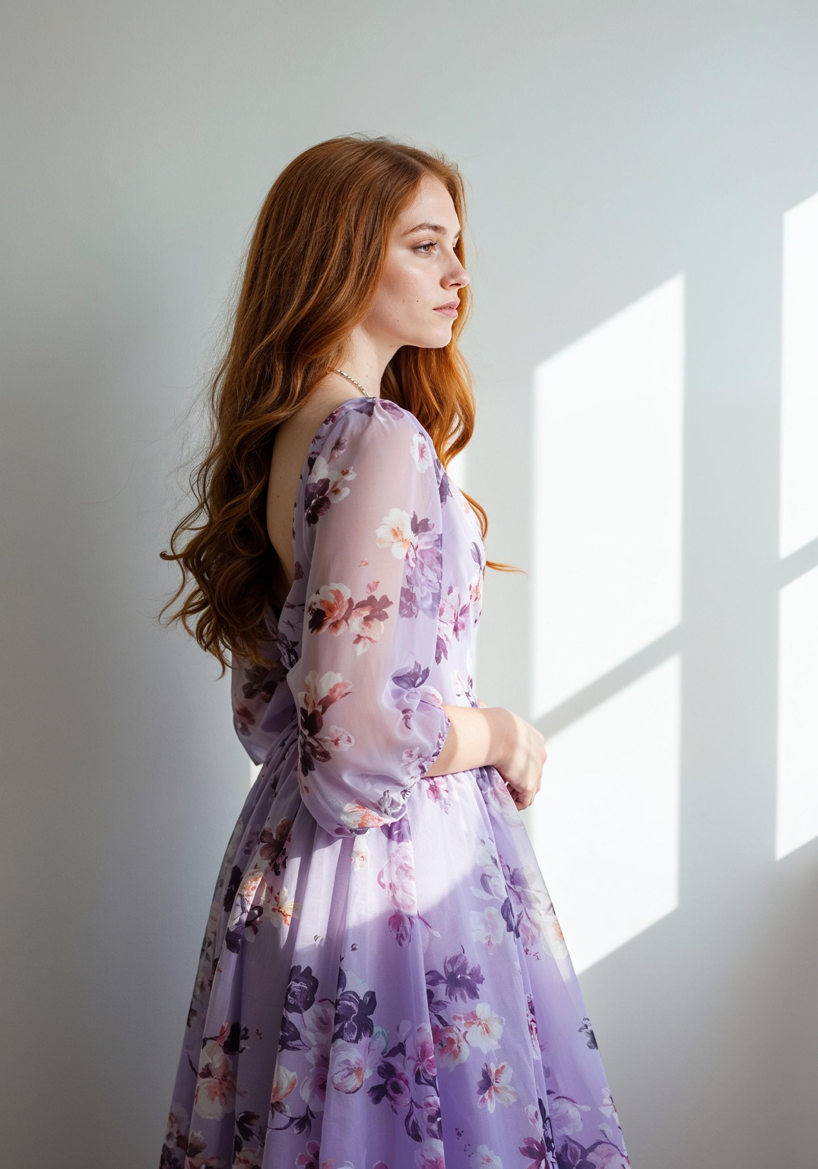 Graceful Young Woman in Luxury Lilac Floral Chiffon Dress by Window Light