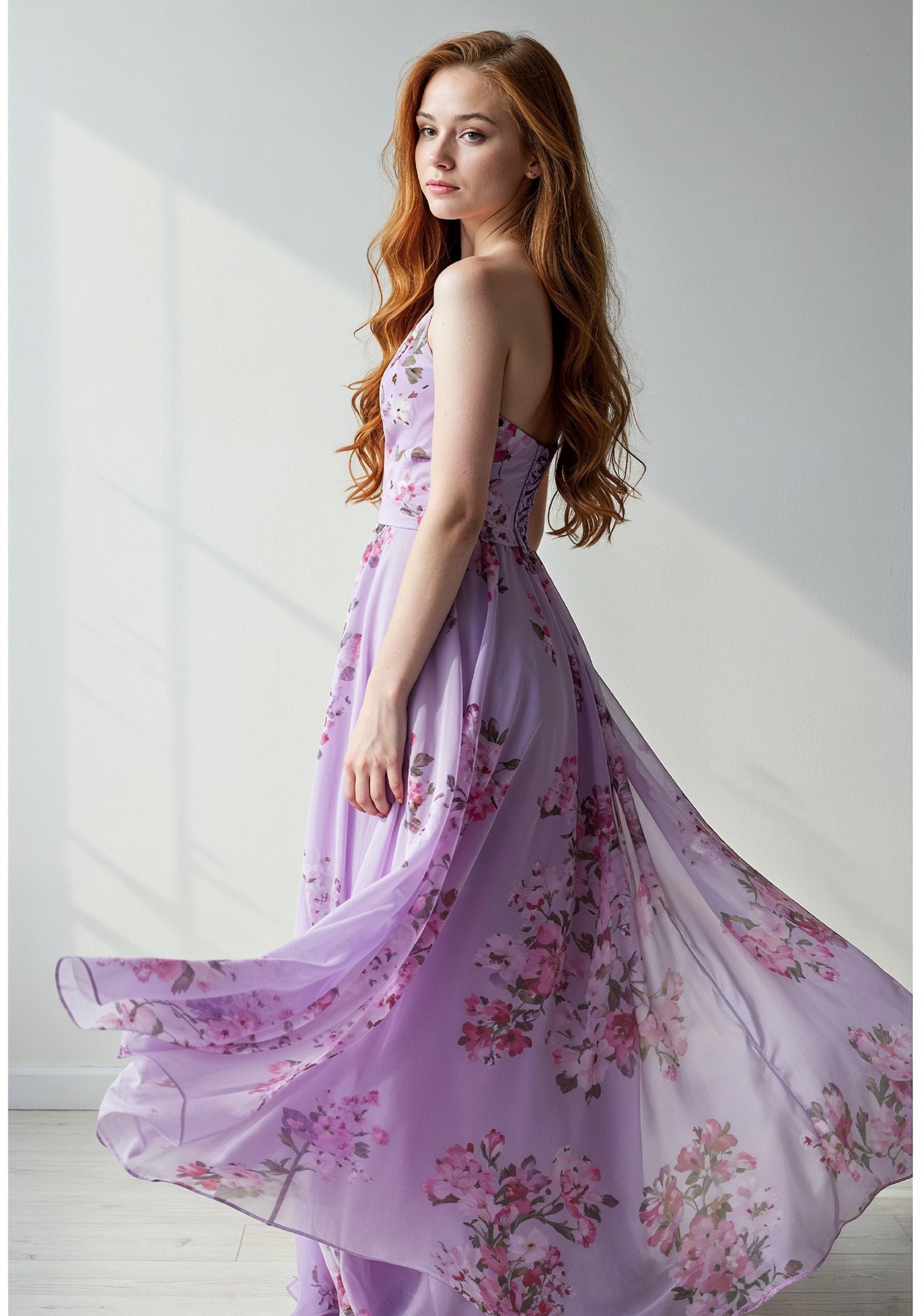 Graceful Young Woman in Luxury Lilac Floral Chiffon Dress by Window Light