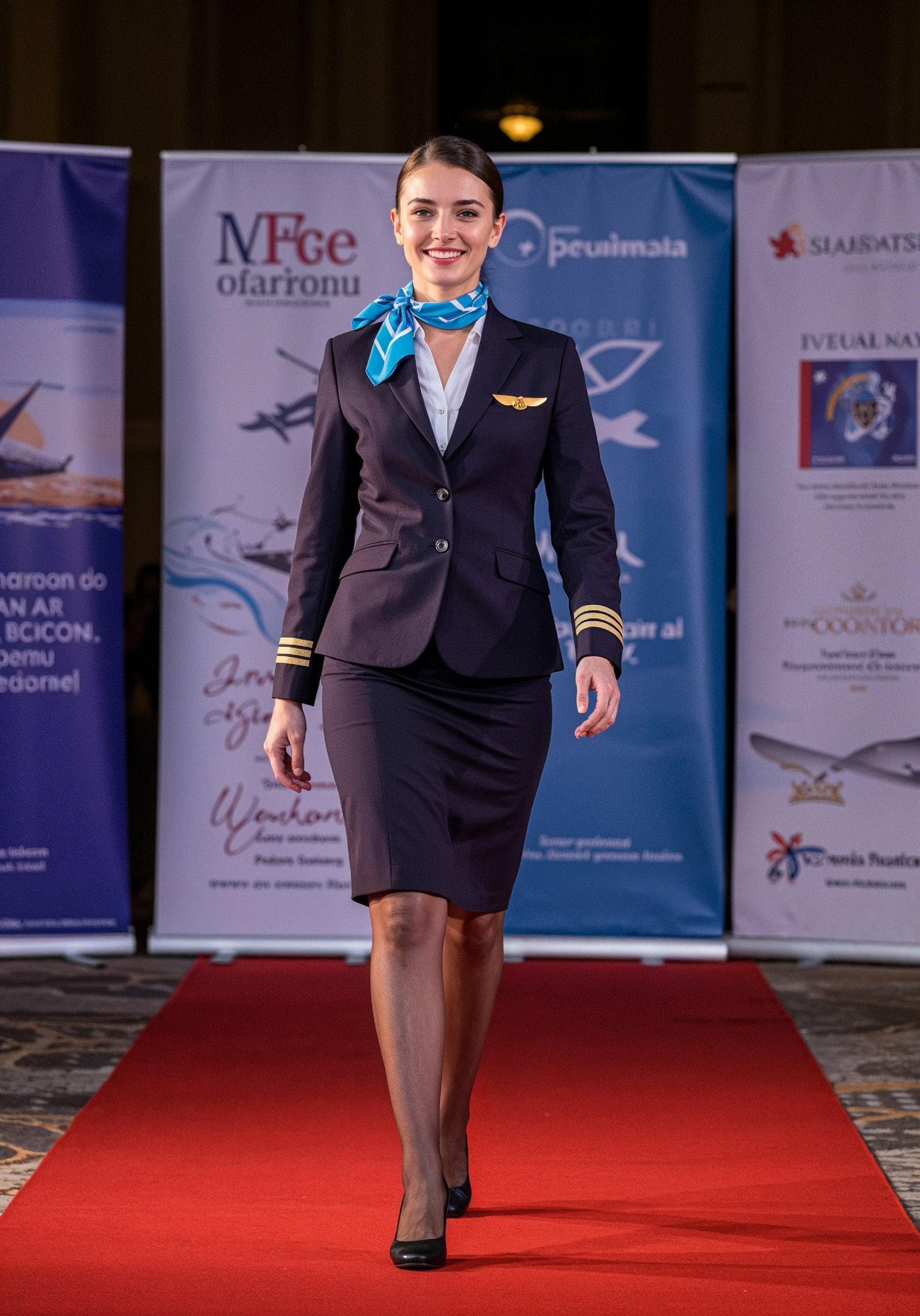 Professional Female Flight Attendant in Airline Uniform at Airport and Aircraft