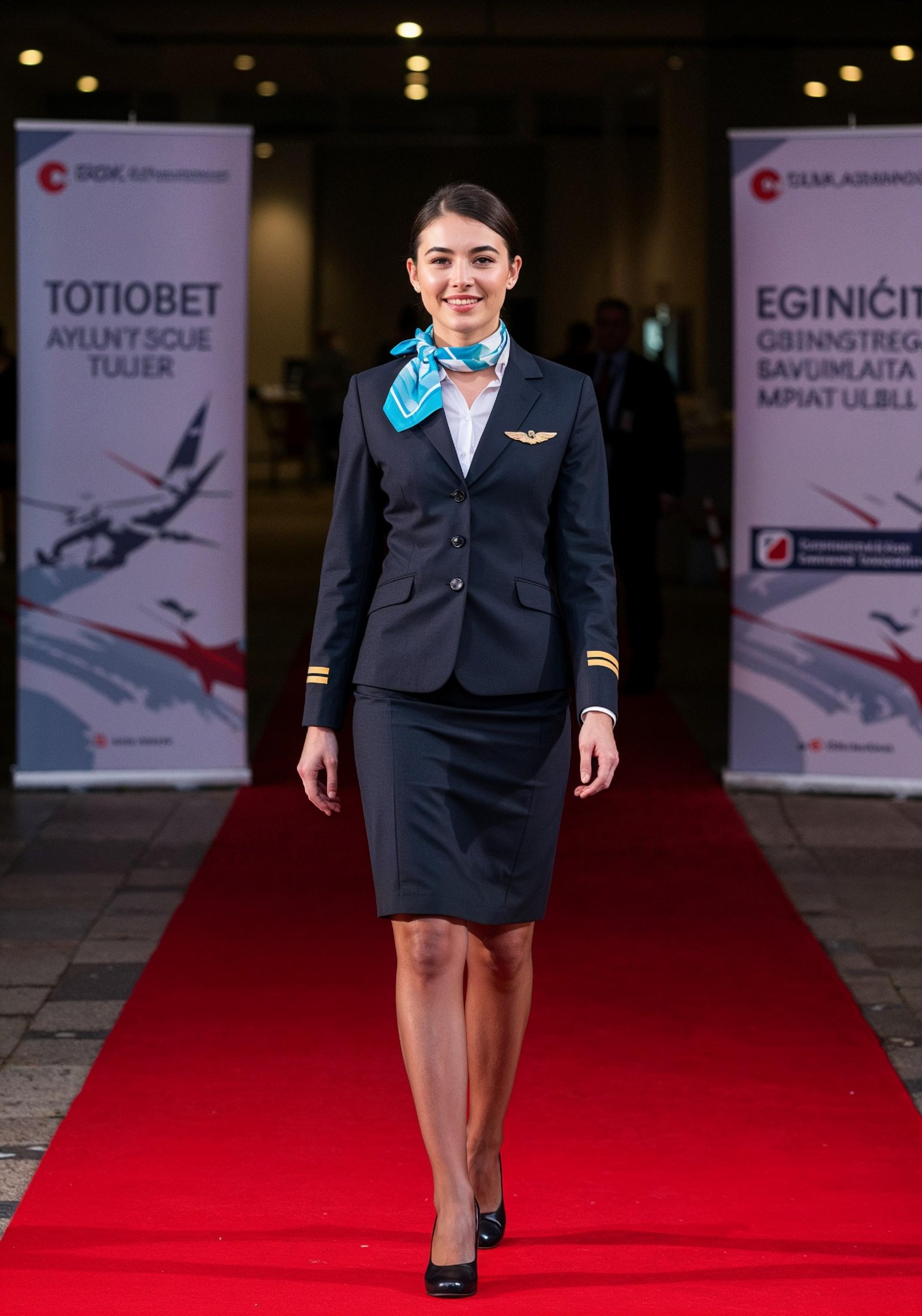 Professional Female Flight Attendant in Airline Uniform at Airport and Aircraft