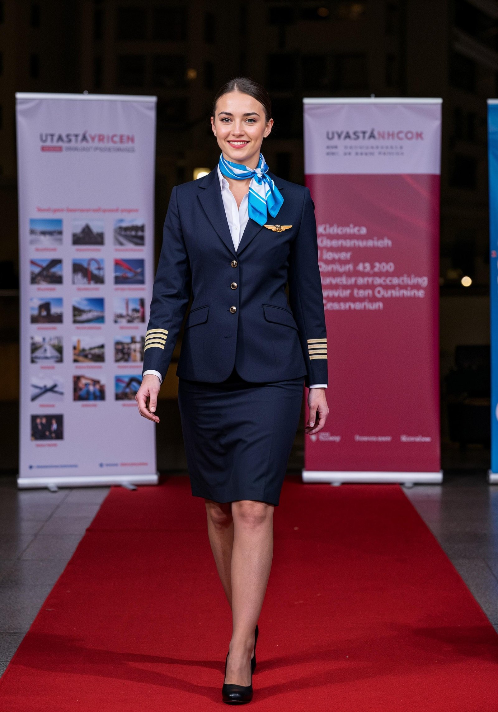 Professional Female Flight Attendant in Airline Uniform at Airport and Aircraft