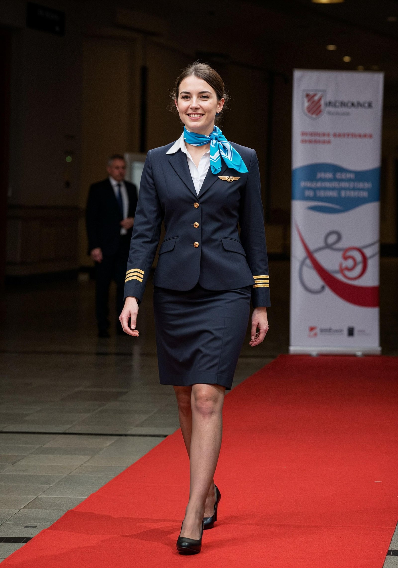 Professional Female Flight Attendant in Airline Uniform at Airport and Aircraft