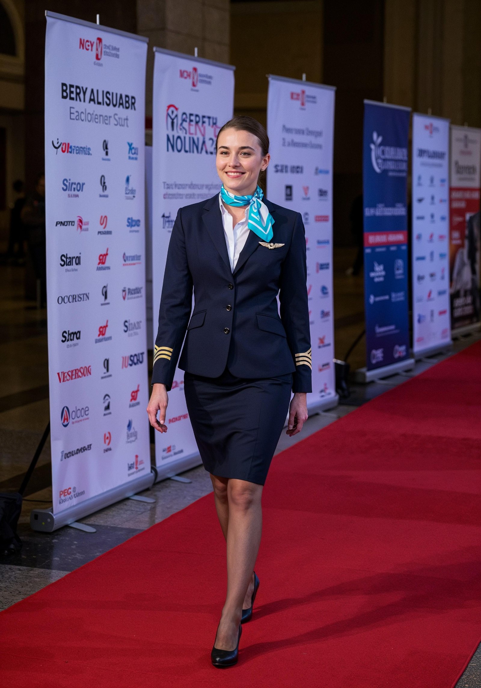 Professional Female Flight Attendant in Airline Uniform at Airport and Aircraft