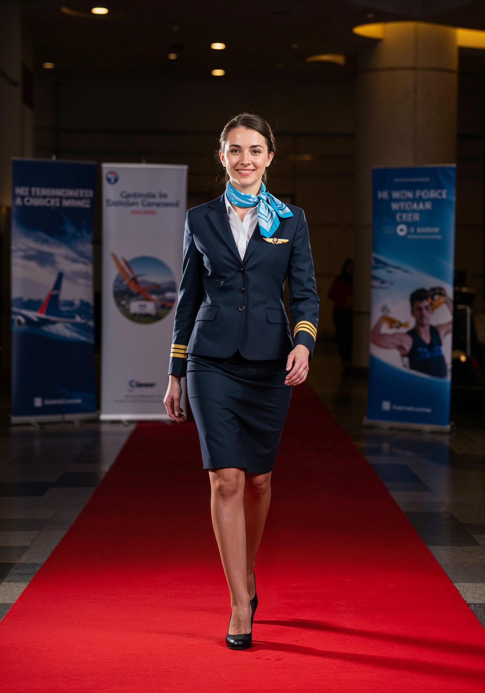 Professional Female Flight Attendant in Airline Uniform at Airport and Aircraft