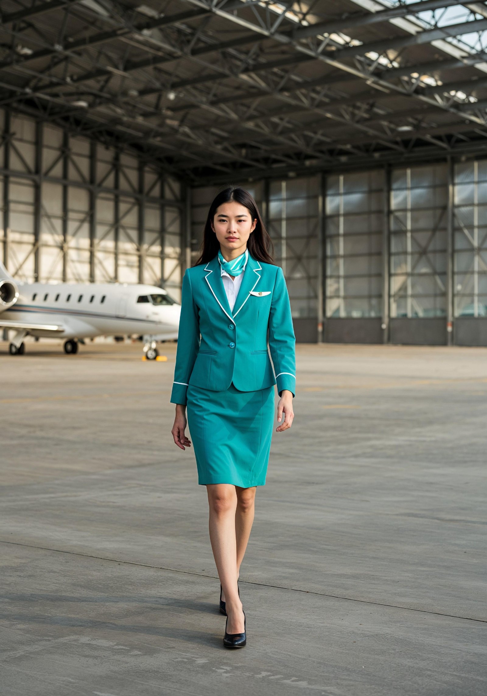 Professional Female Flight Attendant in Airline Uniform at Airport and Aircraft