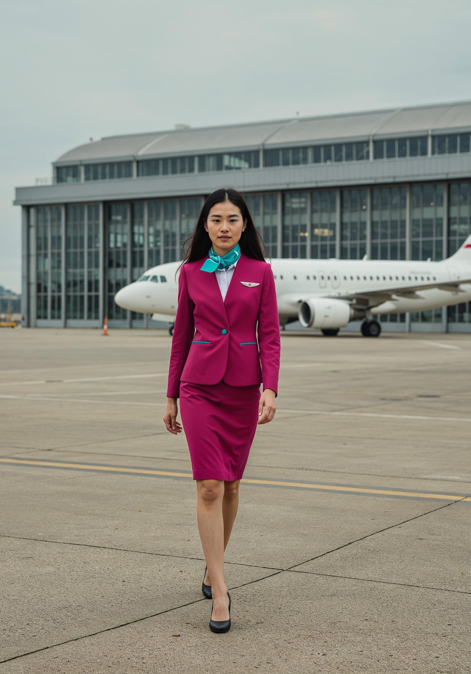 Professional Female Flight Attendant in Airline Uniform at Airport and Aircraft