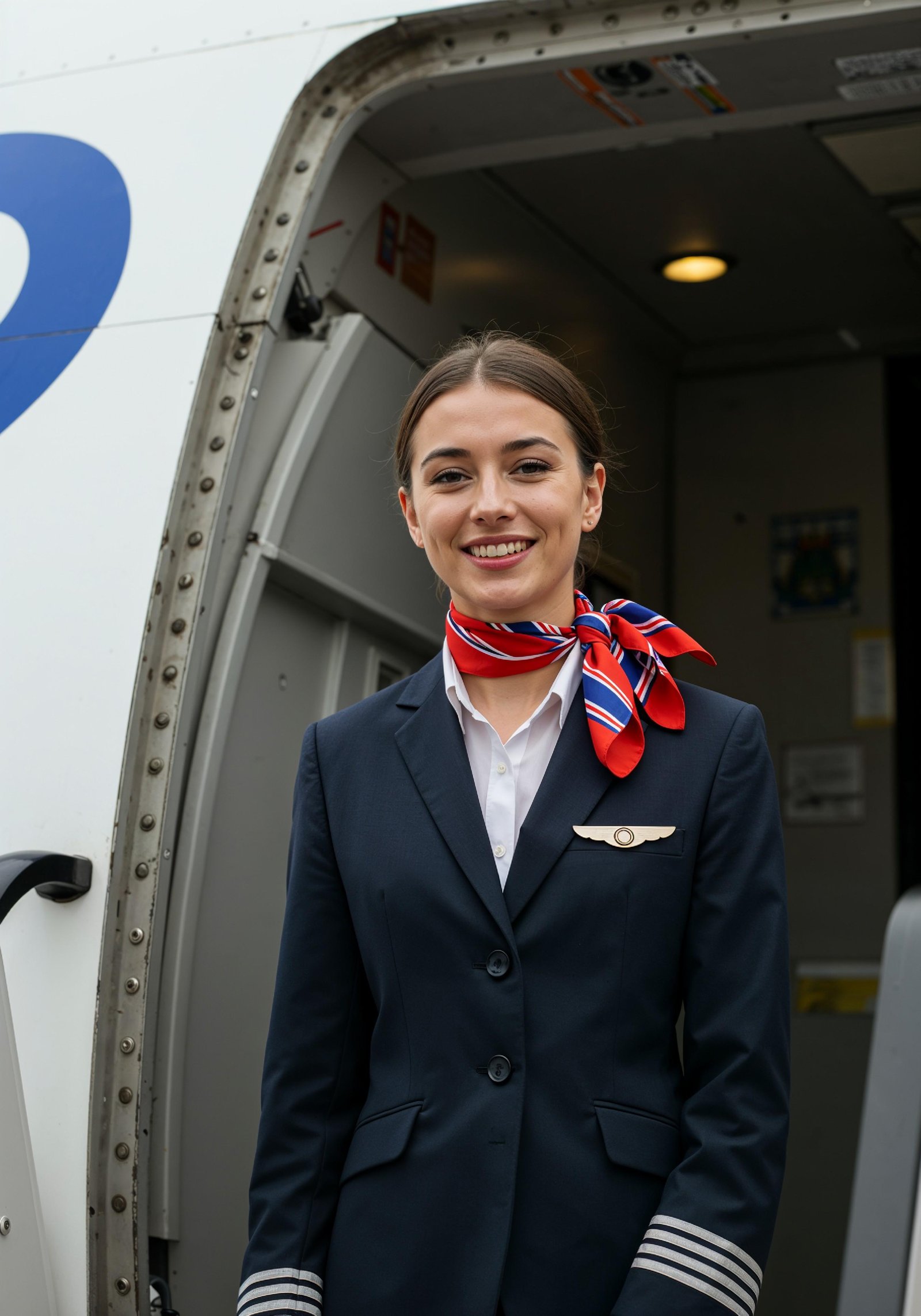 Professional Female Flight Attendant in Airline Uniform at Airport and Aircraft